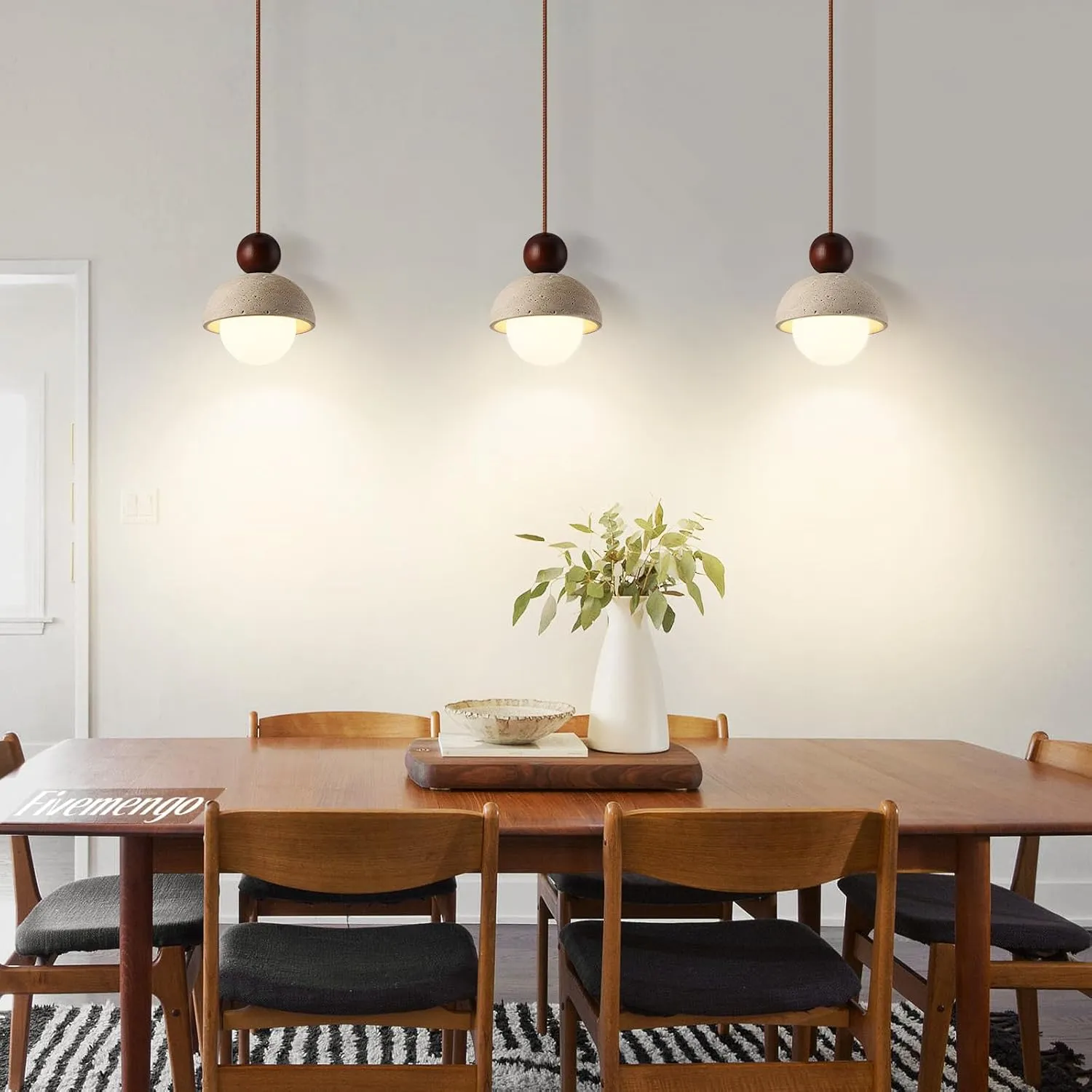 1 Pack Wabi Sabi Pendant Light 5.9in Small Japandi Natural Travertine Stone Glass Wood Lampshade, Nordic Pendant Lighting Fixture for Kitchen Island Dining Room Bedroom Cafe (Bulb Included)