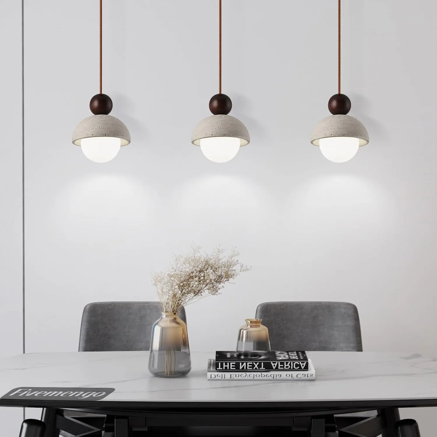 1 Pack Wabi Sabi Pendant Light 5.9in Small Japandi Natural Travertine Stone Glass Wood Lampshade, Nordic Pendant Lighting Fixture for Kitchen Island Dining Room Bedroom Cafe (Bulb Included)