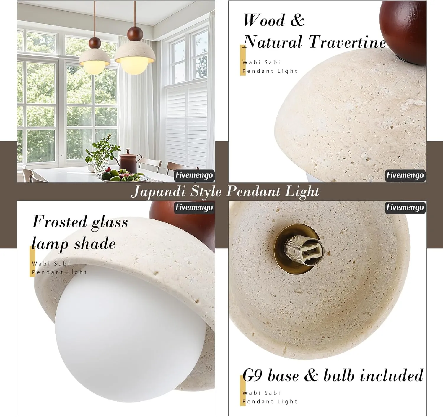 1 Pack Wabi Sabi Pendant Light 5.9in Small Japandi Natural Travertine Stone Glass Wood Lampshade, Nordic Pendant Lighting Fixture for Kitchen Island Dining Room Bedroom Cafe (Bulb Included)