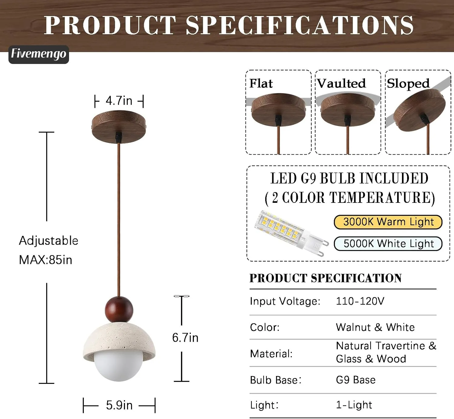 1 Pack Wabi Sabi Pendant Light 5.9in Small Japandi Natural Travertine Stone Glass Wood Lampshade, Nordic Pendant Lighting Fixture for Kitchen Island Dining Room Bedroom Cafe (Bulb Included)
