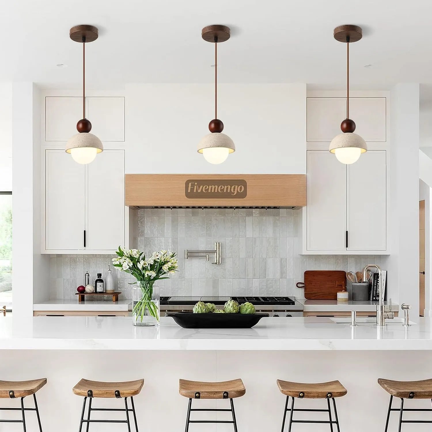 1 Pack Wabi Sabi Pendant Light 5.9in Small Japandi Natural Travertine Stone Glass Wood Lampshade, Nordic Pendant Lighting Fixture for Kitchen Island Dining Room Bedroom Cafe (Bulb Included)