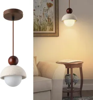 1 Pack Wabi Sabi Pendant Light 5.9in Small Japandi Natural Travertine Stone Glass Wood Lampshade, Nordic Pendant Lighting Fixture for Kitchen Island Dining Room Bedroom Cafe (Bulb Included)