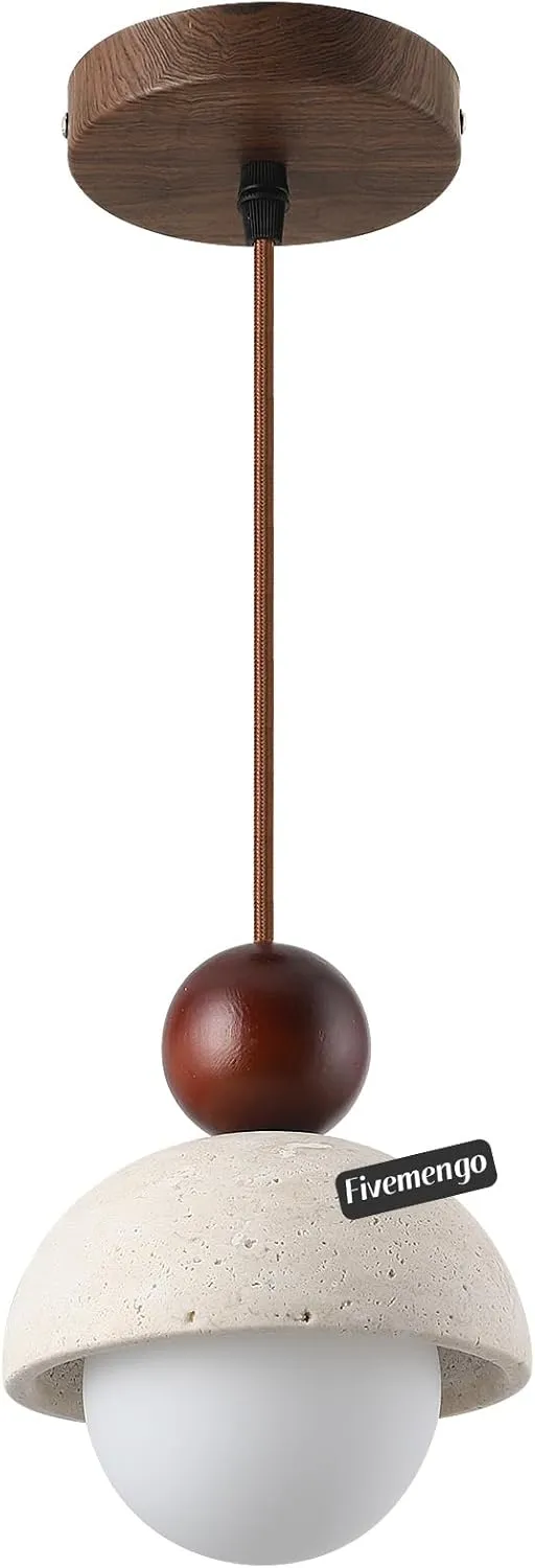 1 Pack Wabi Sabi Pendant Light 5.9in Small Japandi Natural Travertine Stone Glass Wood Lampshade, Nordic Pendant Lighting Fixture for Kitchen Island Dining Room Bedroom Cafe (Bulb Included)