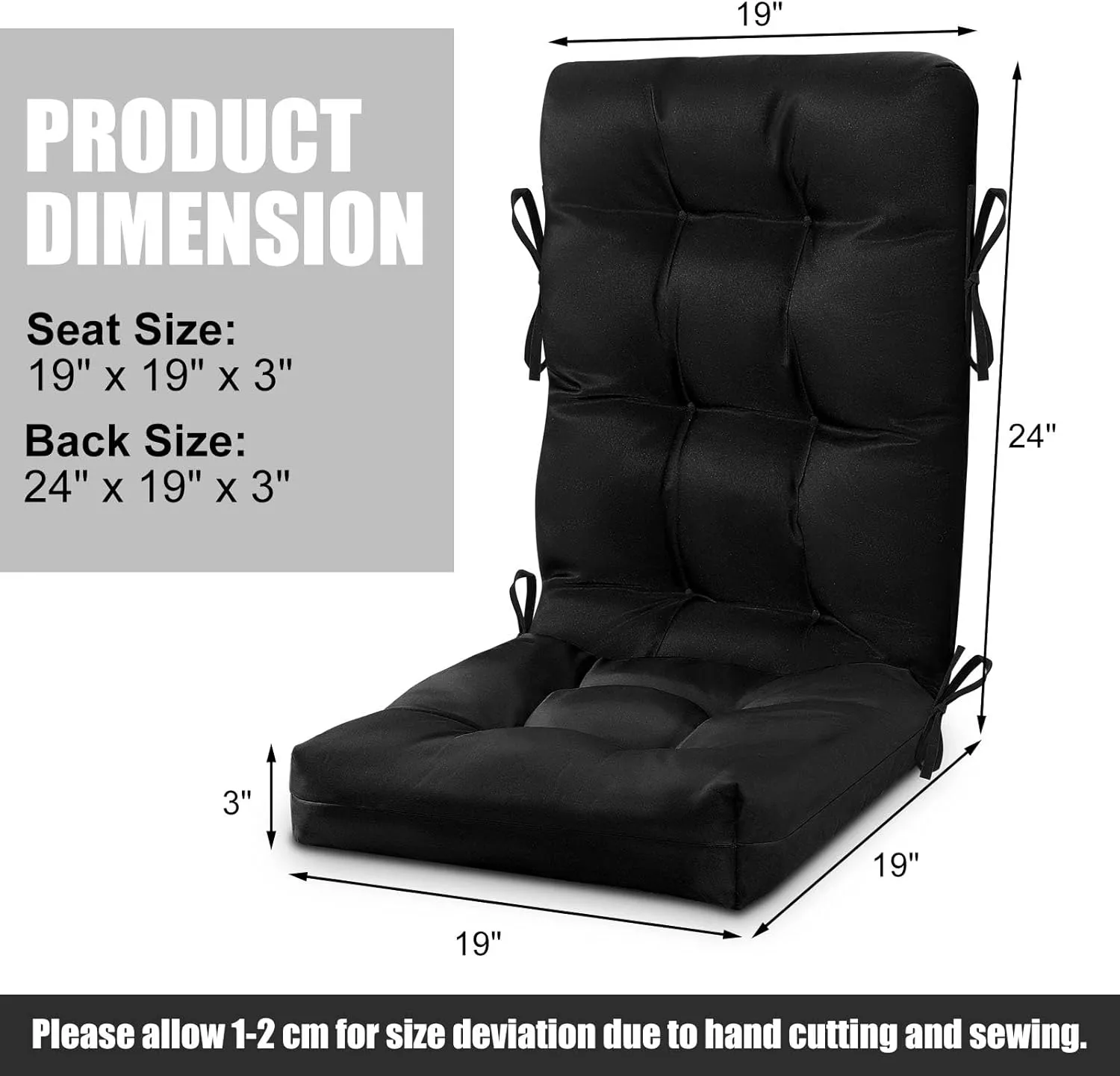2 Set High Back Rocking Chair Cushions Large Anti Slip Chair Pads 43"x19"x3" Indoor Outdoor with Ties Waterproof Fade Resistant Lounger Chair Cushions for Rocker(Black)