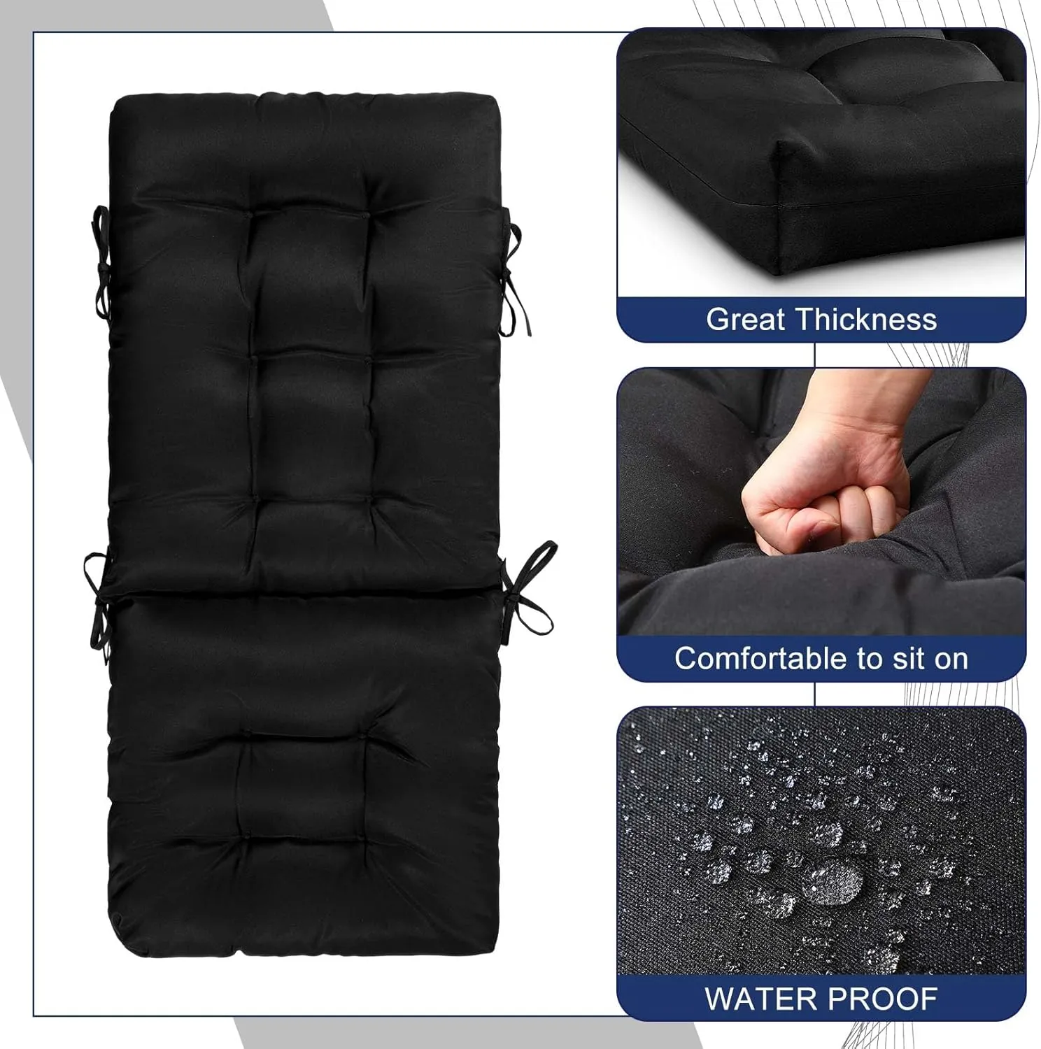 2 Set High Back Rocking Chair Cushions Large Anti Slip Chair Pads 43"x19"x3" Indoor Outdoor with Ties Waterproof Fade Resistant Lounger Chair Cushions for Rocker(Black)