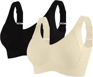 2PC Sports Bras for Women Solid Color Adjustable Padded Cozy Ribbed Wireless Everyday Bra Soft Comfy Full Coverage
