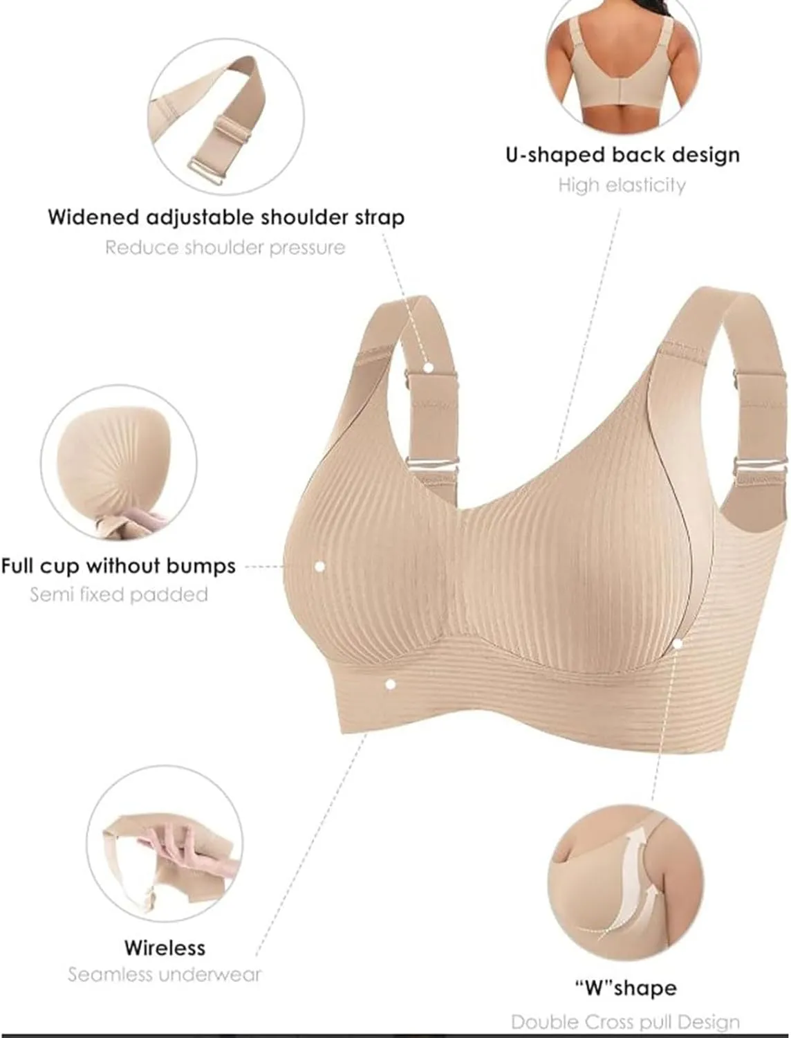 2PC Sports Bras for Women Solid Color Adjustable Padded Cozy Ribbed Wireless Everyday Bra Soft Comfy Full Coverage