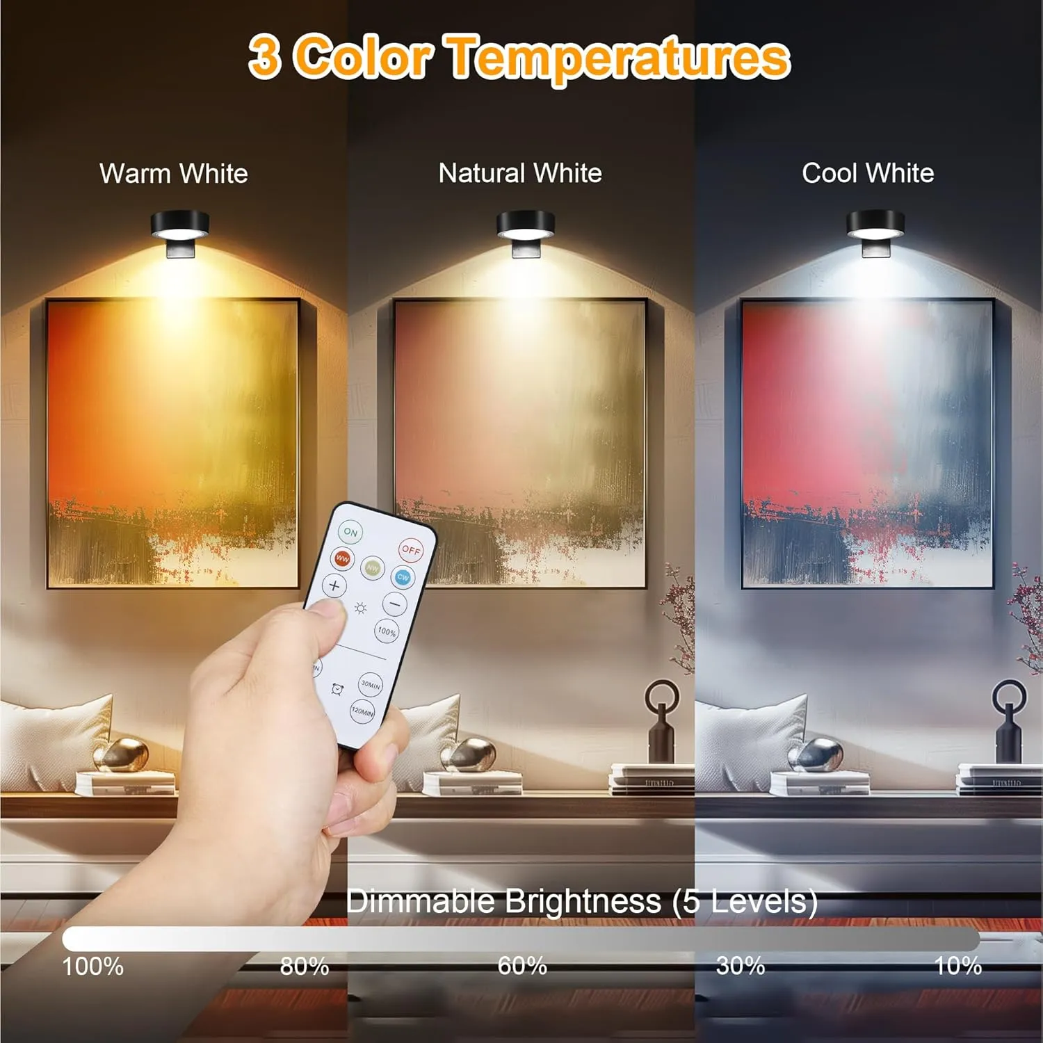 3-Pack Picture Lights for Wall, Rechargeable Battery Operated LED Painting Light with Remote Control Dimmable & Timer, 3 CCT Magnetic Art Display Lighting, Wireless Wall Decor Puck Light, Black