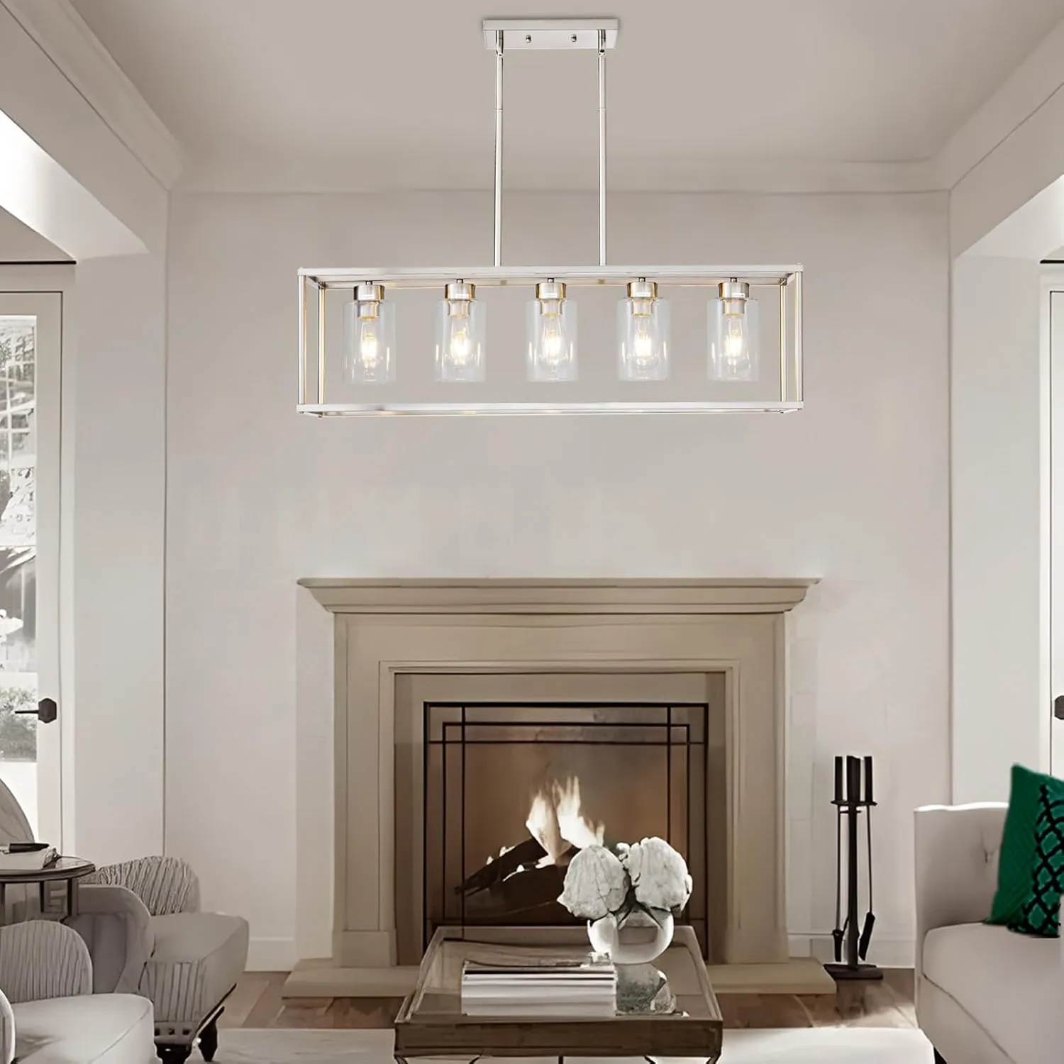 5 Light Dining Room Light Fixture Rectangular Modern Farmhouse Chandelier Brushed Nickel Linear Hanging Pendant Lighting Rectangle for Kitchen Living Room Adjustable Height with Glass Shade