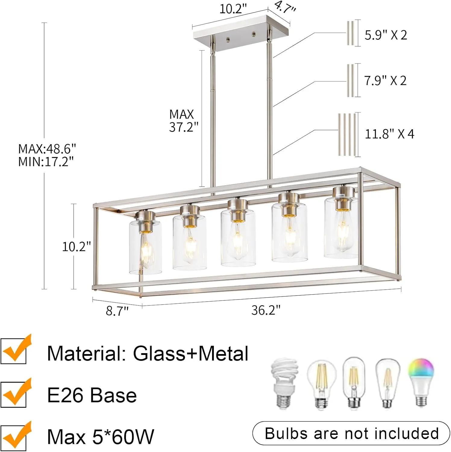 5 Light Dining Room Light Fixture Rectangular Modern Farmhouse Chandelier Brushed Nickel Linear Hanging Pendant Lighting Rectangle for Kitchen Living Room Adjustable Height with Glass Shade