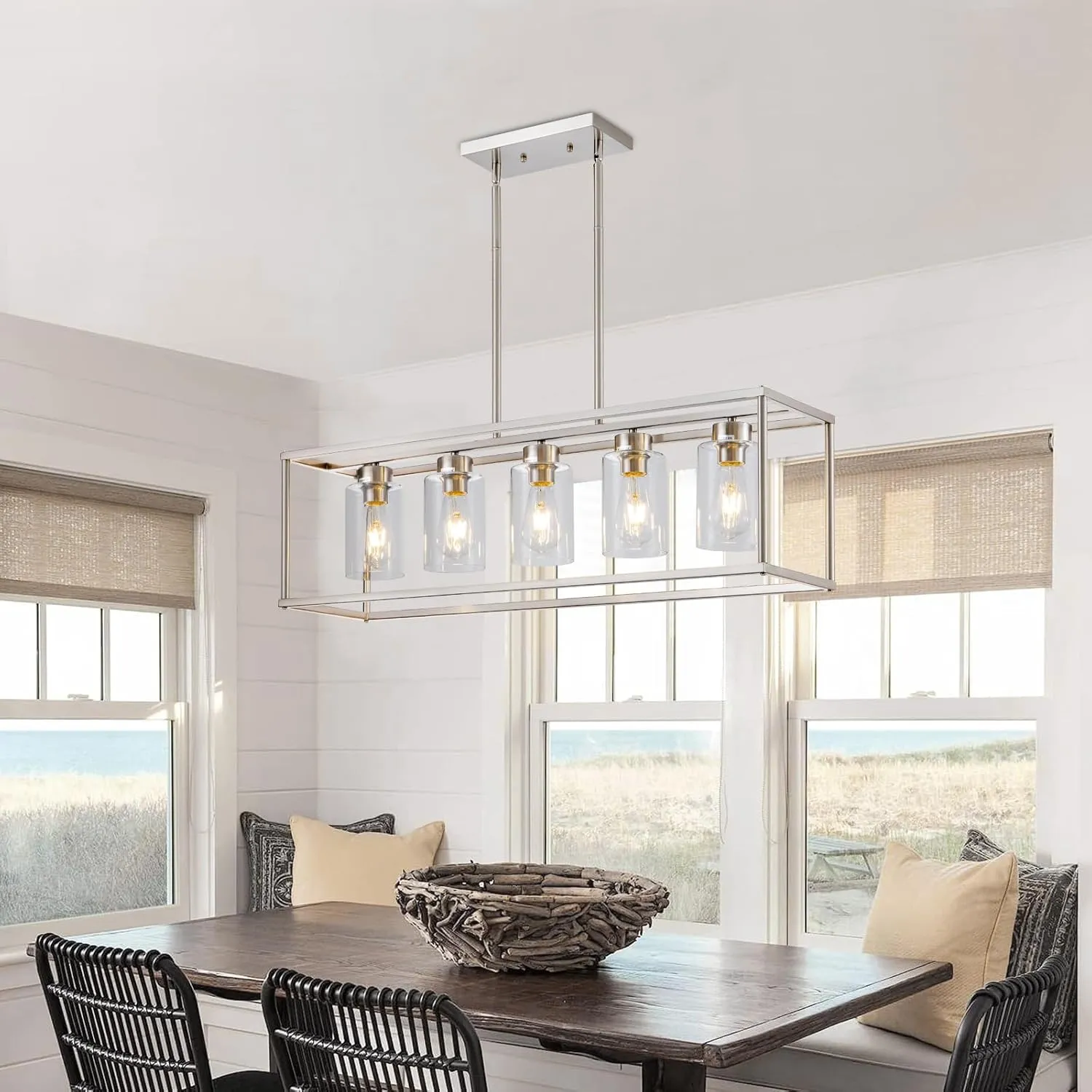 5 Light Dining Room Light Fixture Rectangular Modern Farmhouse Chandelier Brushed Nickel Linear Hanging Pendant Lighting Rectangle for Kitchen Living Room Adjustable Height with Glass Shade