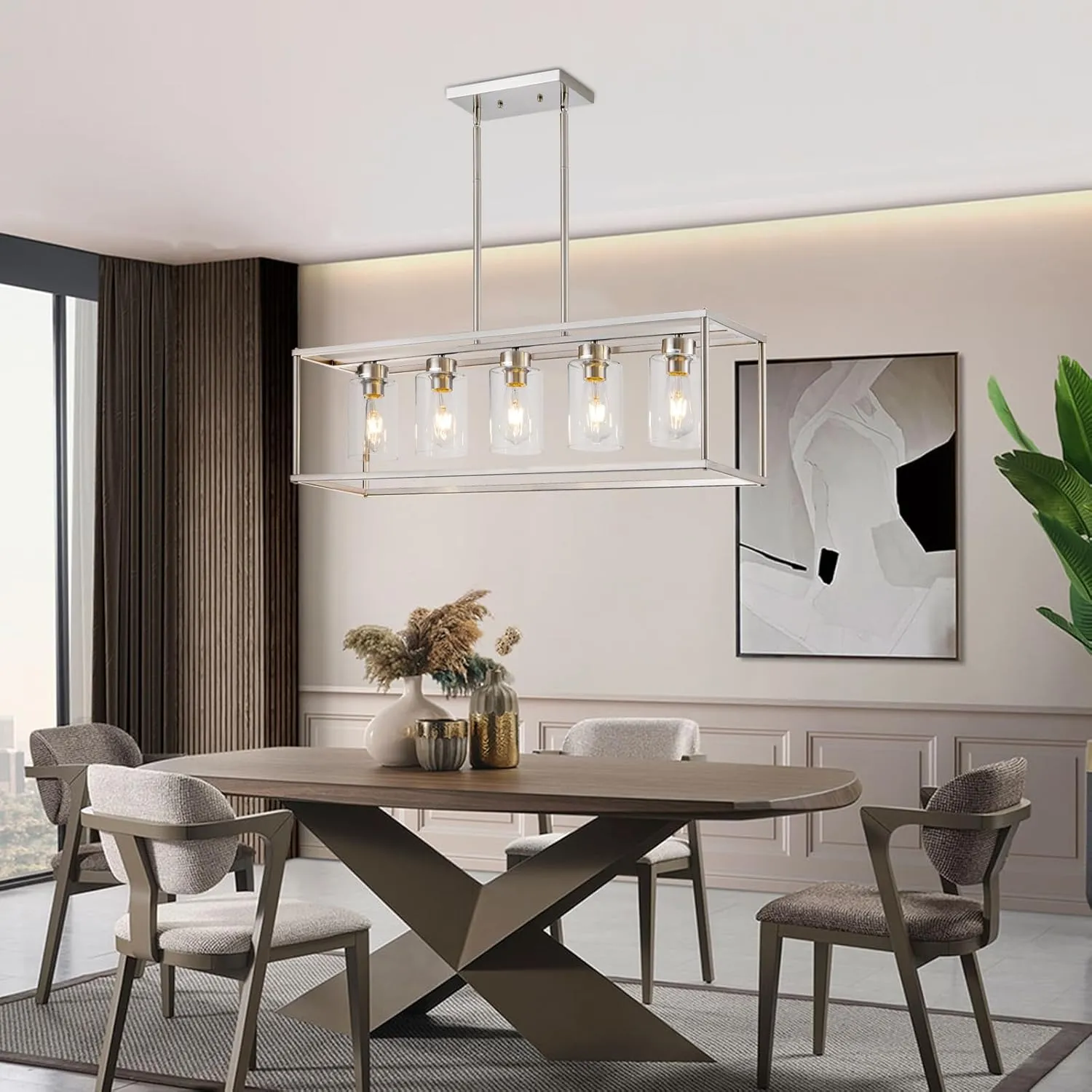 5 Light Dining Room Light Fixture Rectangular Modern Farmhouse Chandelier Brushed Nickel Linear Hanging Pendant Lighting Rectangle for Kitchen Living Room Adjustable Height with Glass Shade