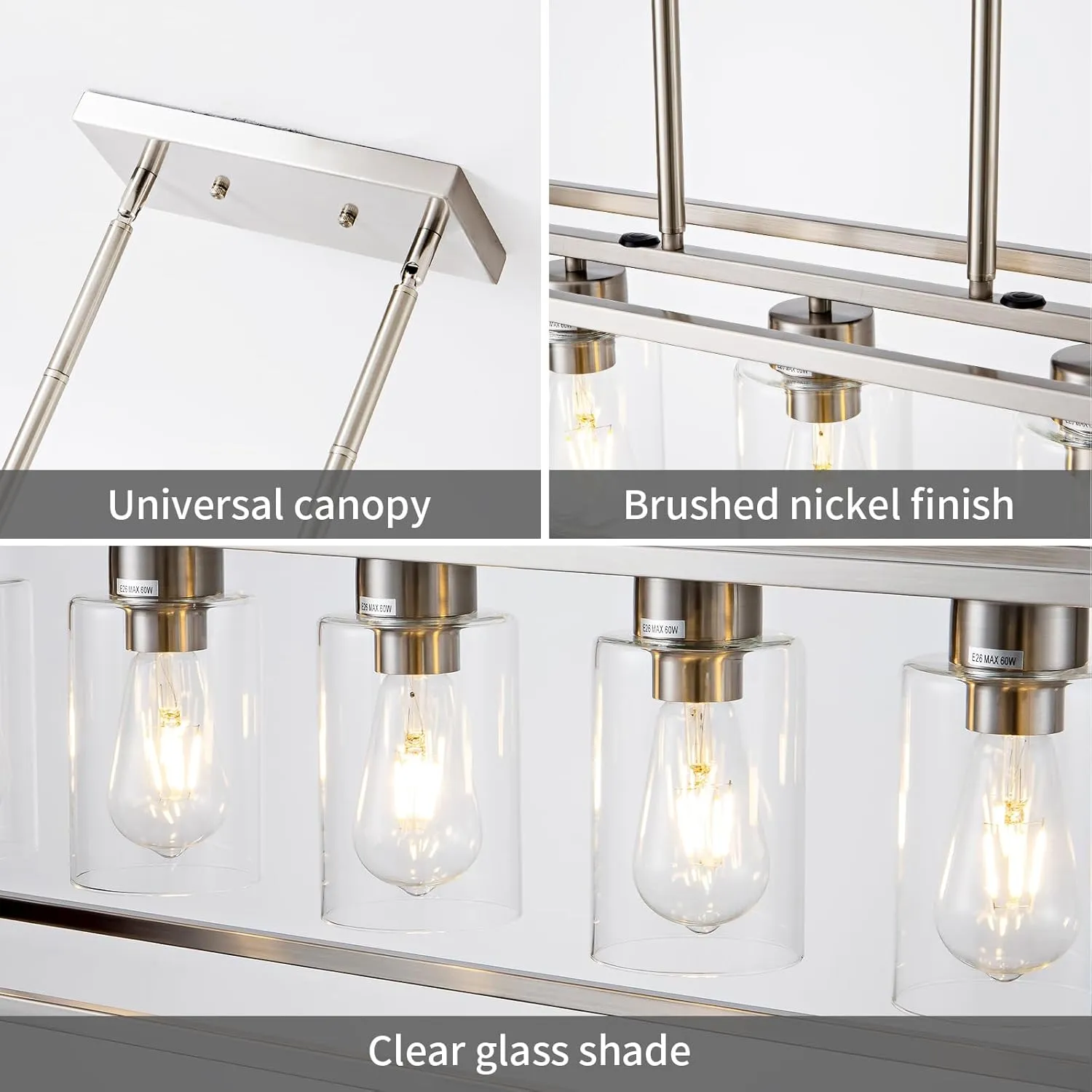 5 Light Dining Room Light Fixture Rectangular Modern Farmhouse Chandelier Brushed Nickel Linear Hanging Pendant Lighting Rectangle for Kitchen Living Room Adjustable Height with Glass Shade
