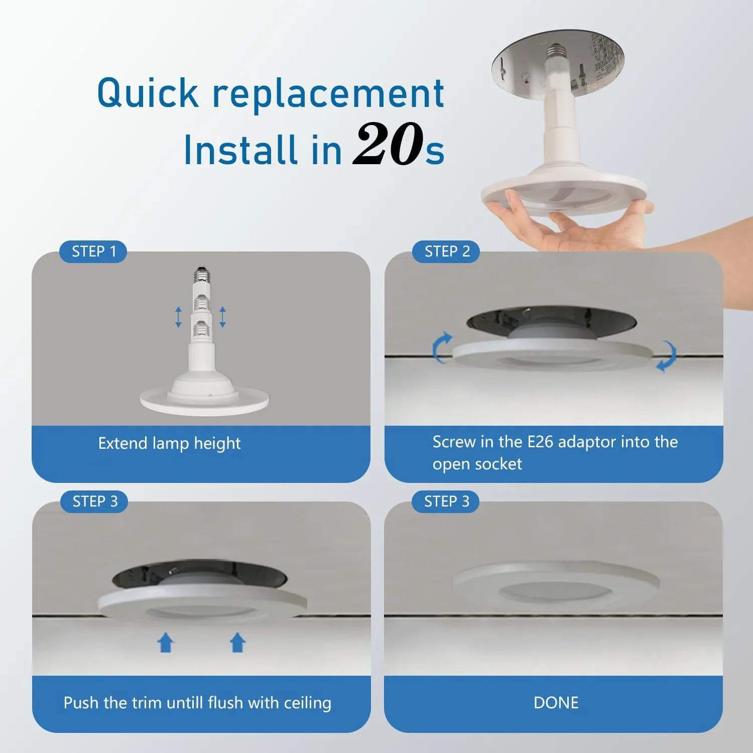 5/6 Inch Adjustable Height LED Can Lights Retrofit Recessed Lighting 6 Pack,800 lumens 5000K Daylight,Dimmable, 12W=60W,ETL Damp Rated,Easy Retrofit Downlight Install,E26 Base,Flat Trim.