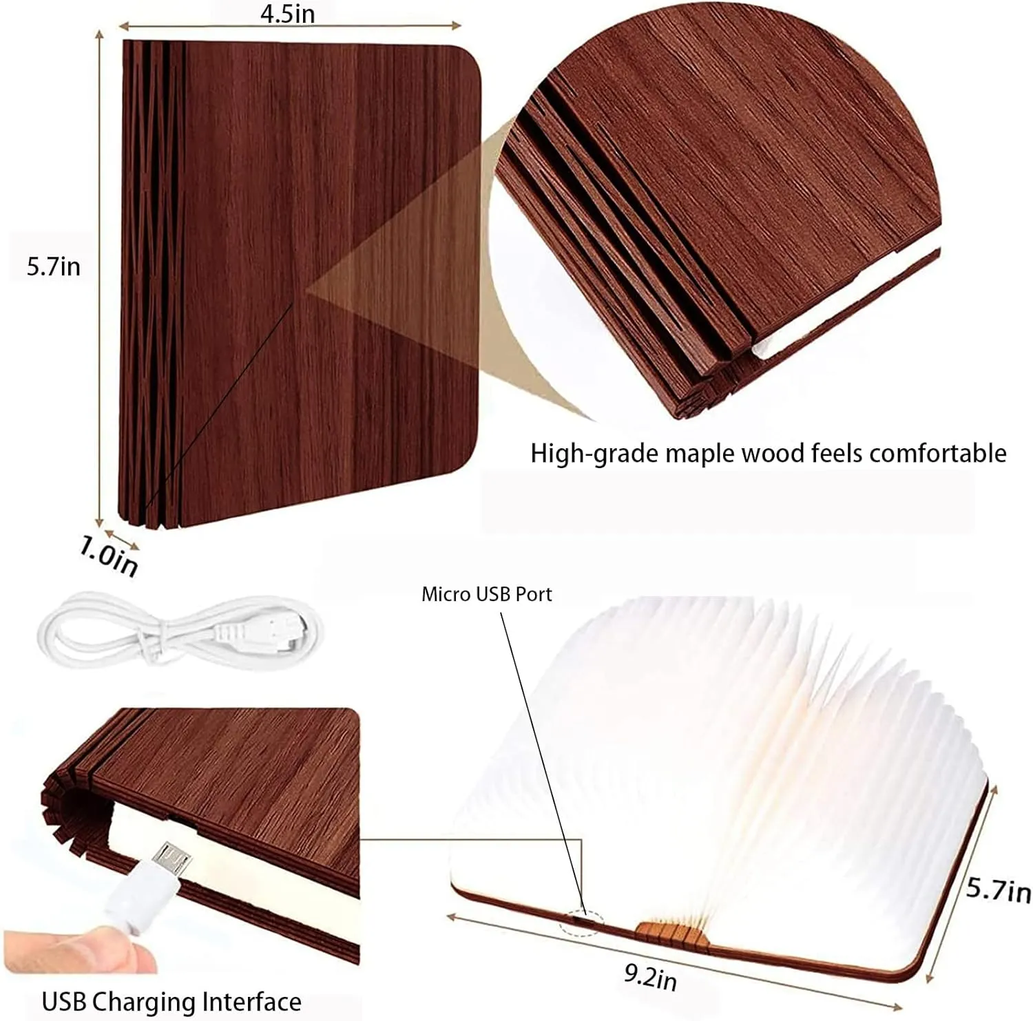 5.7Inch Wooden Book Light, 3 Colors Folding Book Lamp, USB Rechargeable,Unique Lamp,Book Lovers Gifts