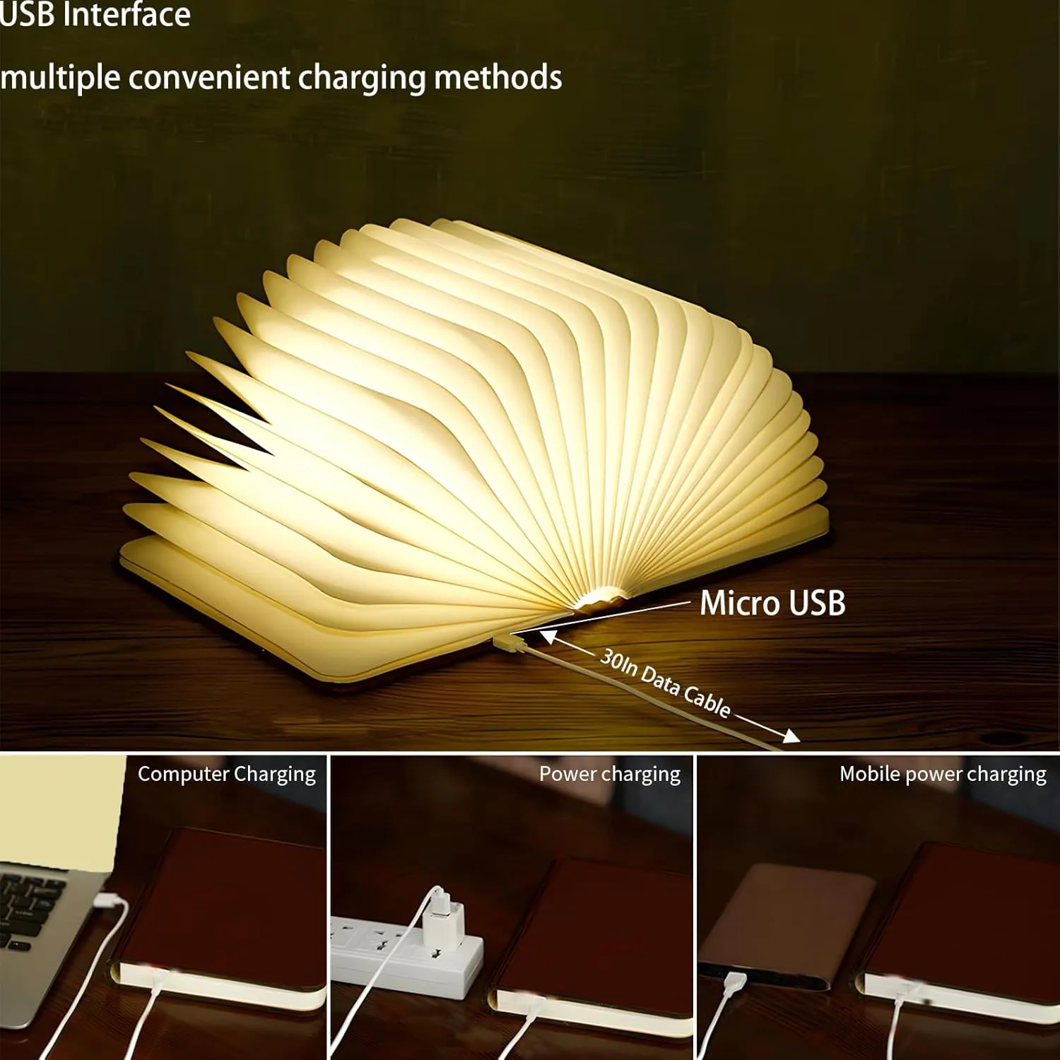 5.7Inch Wooden Book Light, 3 Colors Folding Book Lamp, USB Rechargeable,Unique Lamp,Book Lovers Gifts