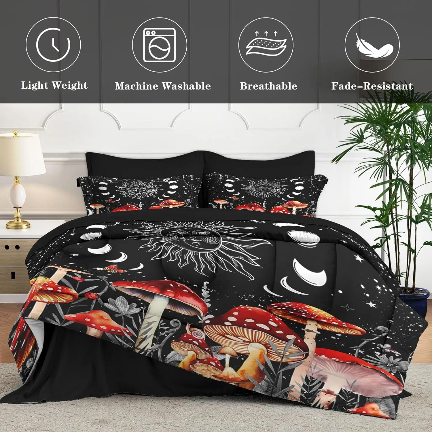 7 Pcs Queen Size Comforter Set with 2 Pillowcases & 2 Shams, Sun Moon Boho Mushroom Bedding for Kids and Adults, Astrology Tarot Witch Bed in a Bag with Flat Fitted Sheet