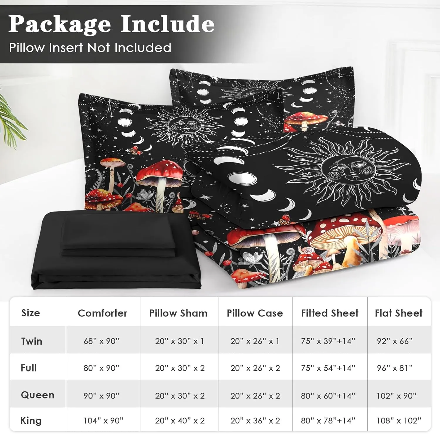 7 Pcs Queen Size Comforter Set with 2 Pillowcases & 2 Shams, Sun Moon Boho Mushroom Bedding for Kids and Adults, Astrology Tarot Witch Bed in a Bag with Flat Fitted Sheet