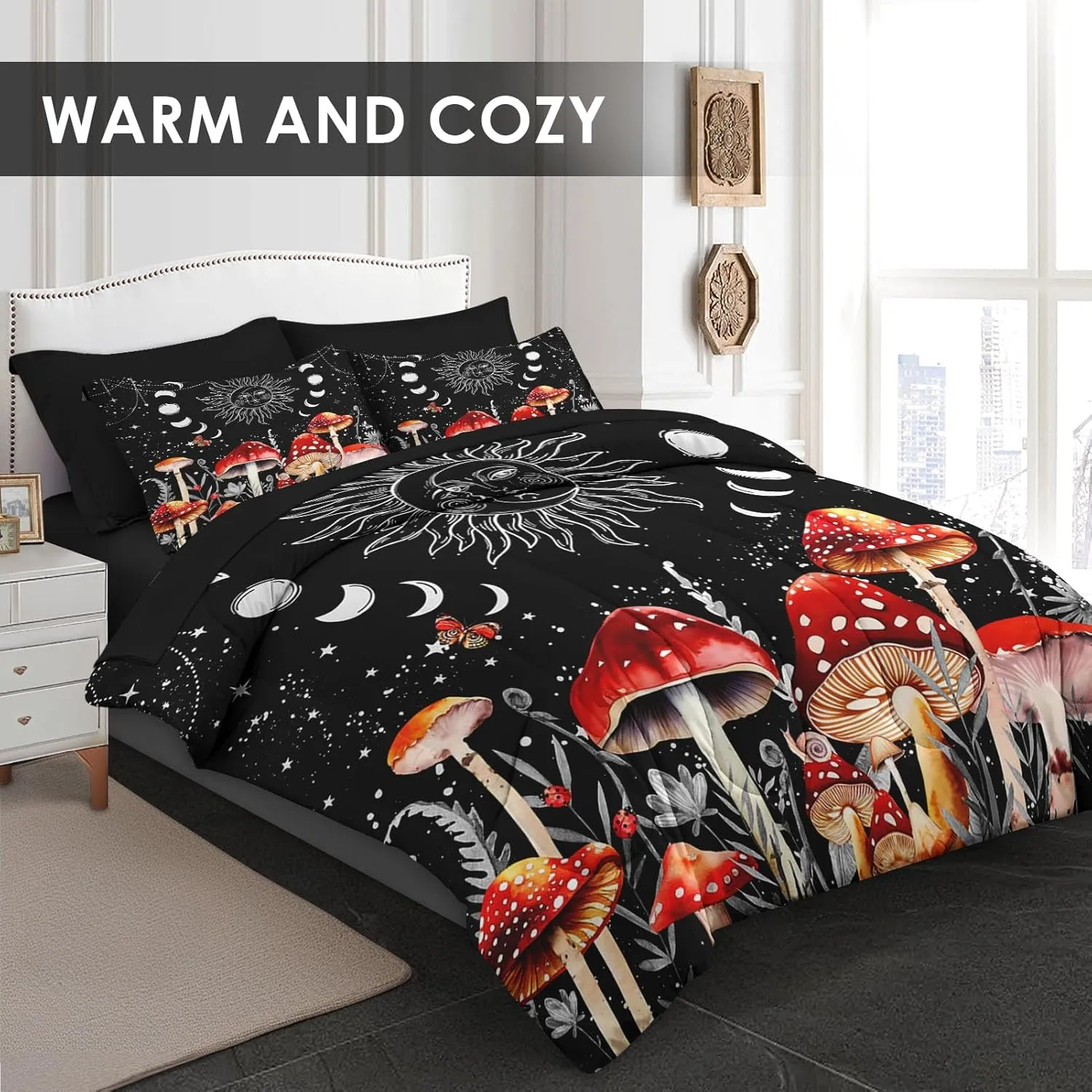 7 Pcs Queen Size Comforter Set with 2 Pillowcases & 2 Shams, Sun Moon Boho Mushroom Bedding for Kids and Adults, Astrology Tarot Witch Bed in a Bag with Flat Fitted Sheet