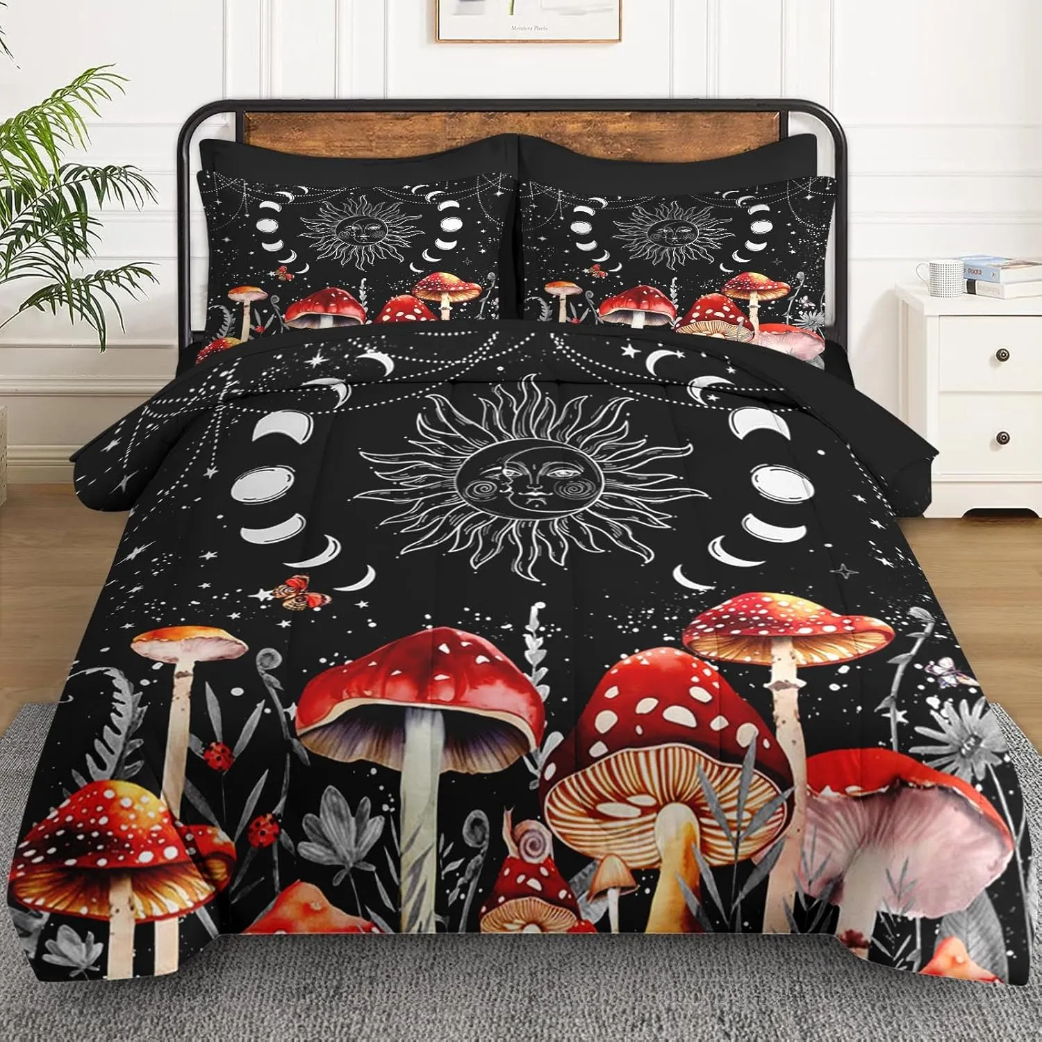 7 Pcs Queen Size Comforter Set with 2 Pillowcases & 2 Shams, Sun Moon Boho Mushroom Bedding for Kids and Adults, Astrology Tarot Witch Bed in a Bag with Flat Fitted Sheet