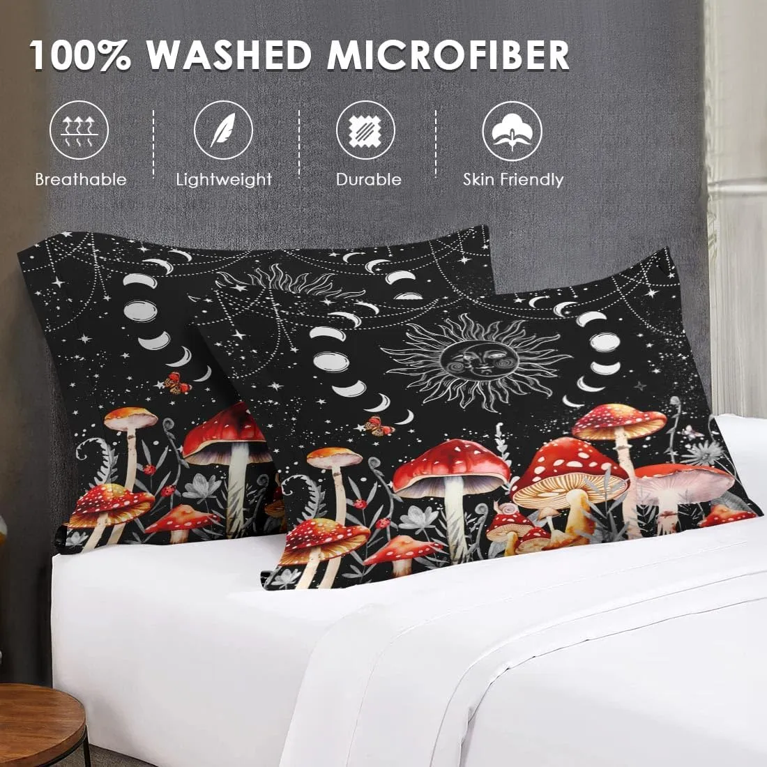 7 Pcs Queen Size Comforter Set with 2 Pillowcases & 2 Shams, Sun Moon Boho Mushroom Bedding for Kids and Adults, Astrology Tarot Witch Bed in a Bag with Flat Fitted Sheet