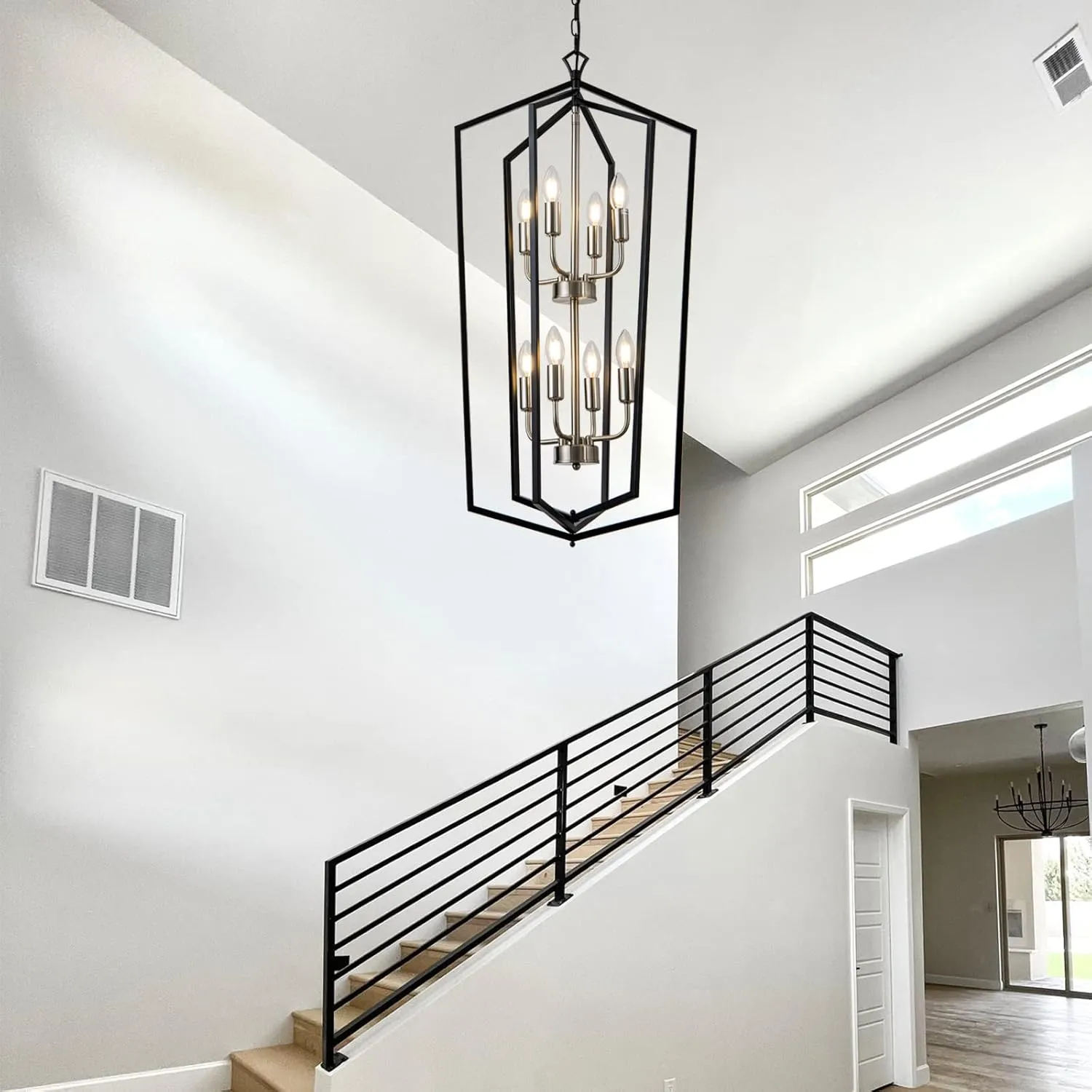 8-Light Lantern Tired Farmhouse Ceiling Hanging Light Black Chandelier Metal Modern Pendant Light Fixtures for Kitchen Island Dining Room Living Room Foyer Entryway-Brushed Nickel