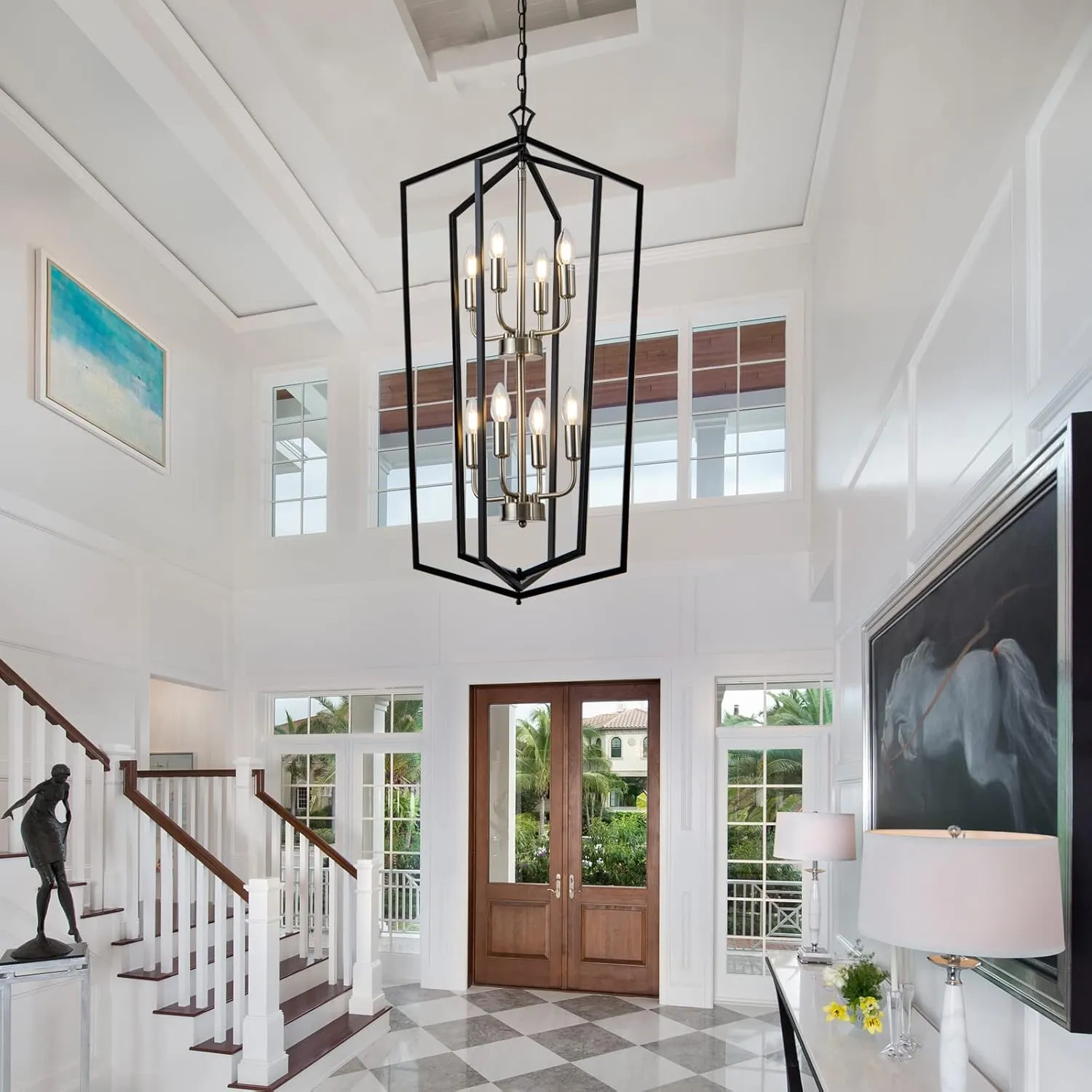 8-Light Lantern Tired Farmhouse Ceiling Hanging Light Black Chandelier Metal Modern Pendant Light Fixtures for Kitchen Island Dining Room Living Room Foyer Entryway-Brushed Nickel
