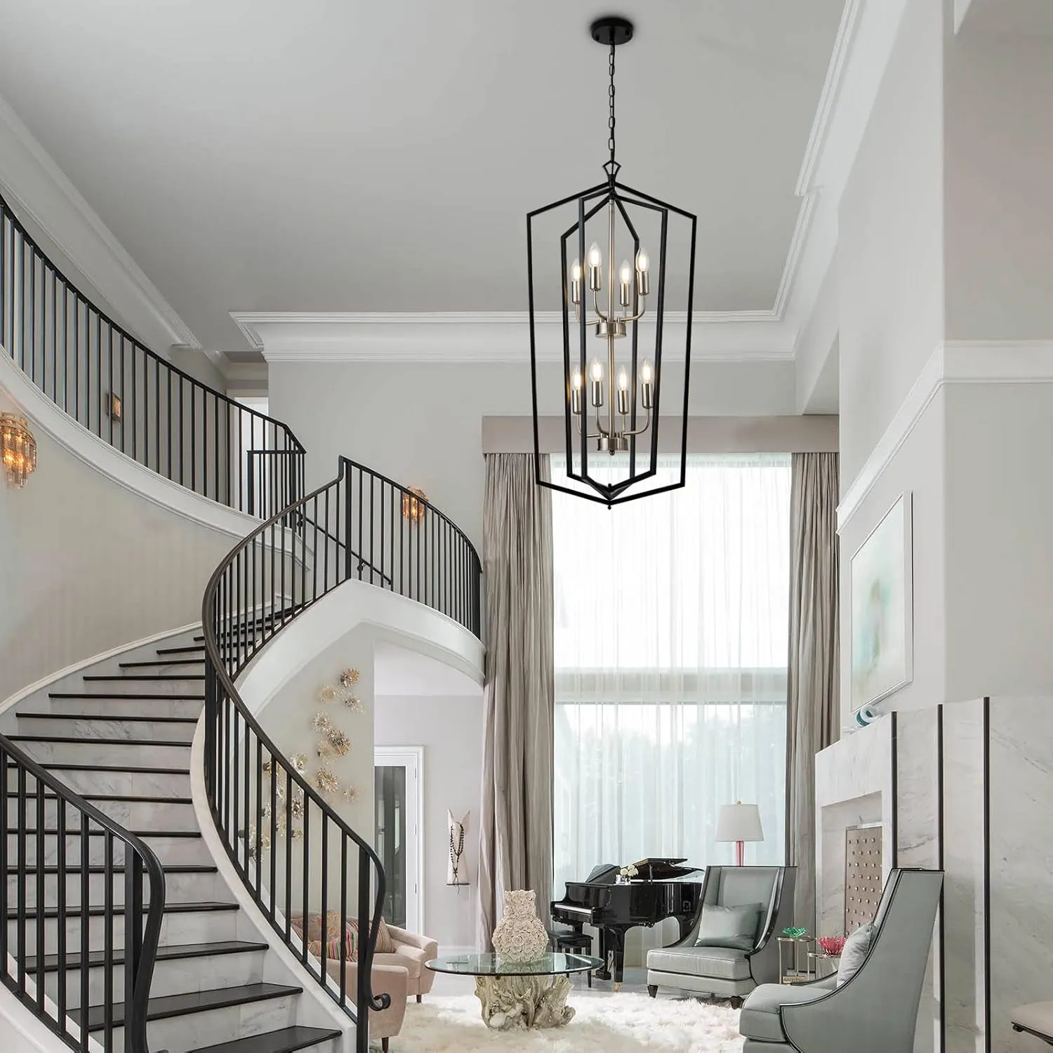 8-Light Lantern Tired Farmhouse Ceiling Hanging Light Black Chandelier Metal Modern Pendant Light Fixtures for Kitchen Island Dining Room Living Room Foyer Entryway-Brushed Nickel