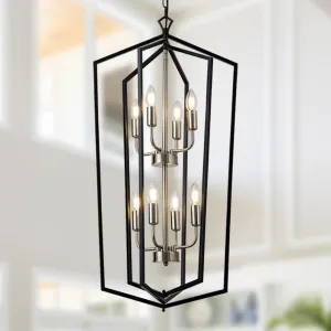8-Light Lantern Tired Farmhouse Ceiling Hanging Light Black Chandelier Metal Modern Pendant Light Fixtures for Kitchen Island Dining Room Living Room Foyer Entryway-Brushed Nickel