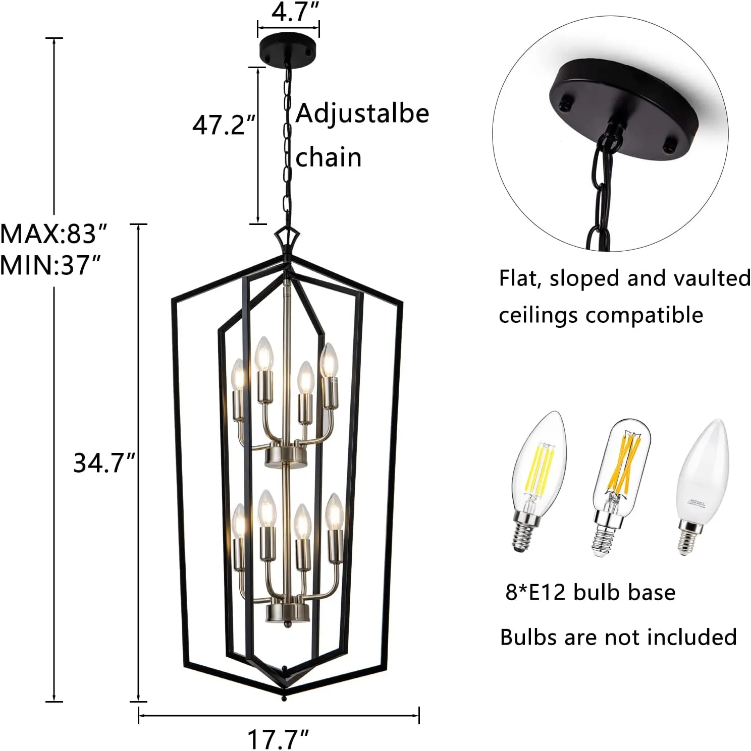 8-Light Lantern Tired Farmhouse Ceiling Hanging Light Black Chandelier Metal Modern Pendant Light Fixtures for Kitchen Island Dining Room Living Room Foyer Entryway-Brushed Nickel