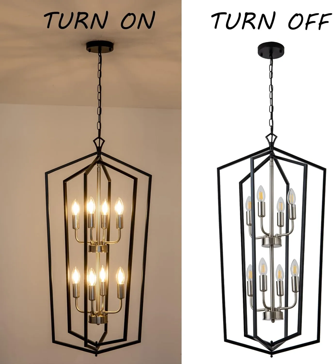 8-Light Lantern Tired Farmhouse Ceiling Hanging Light Black Chandelier Metal Modern Pendant Light Fixtures for Kitchen Island Dining Room Living Room Foyer Entryway-Brushed Nickel