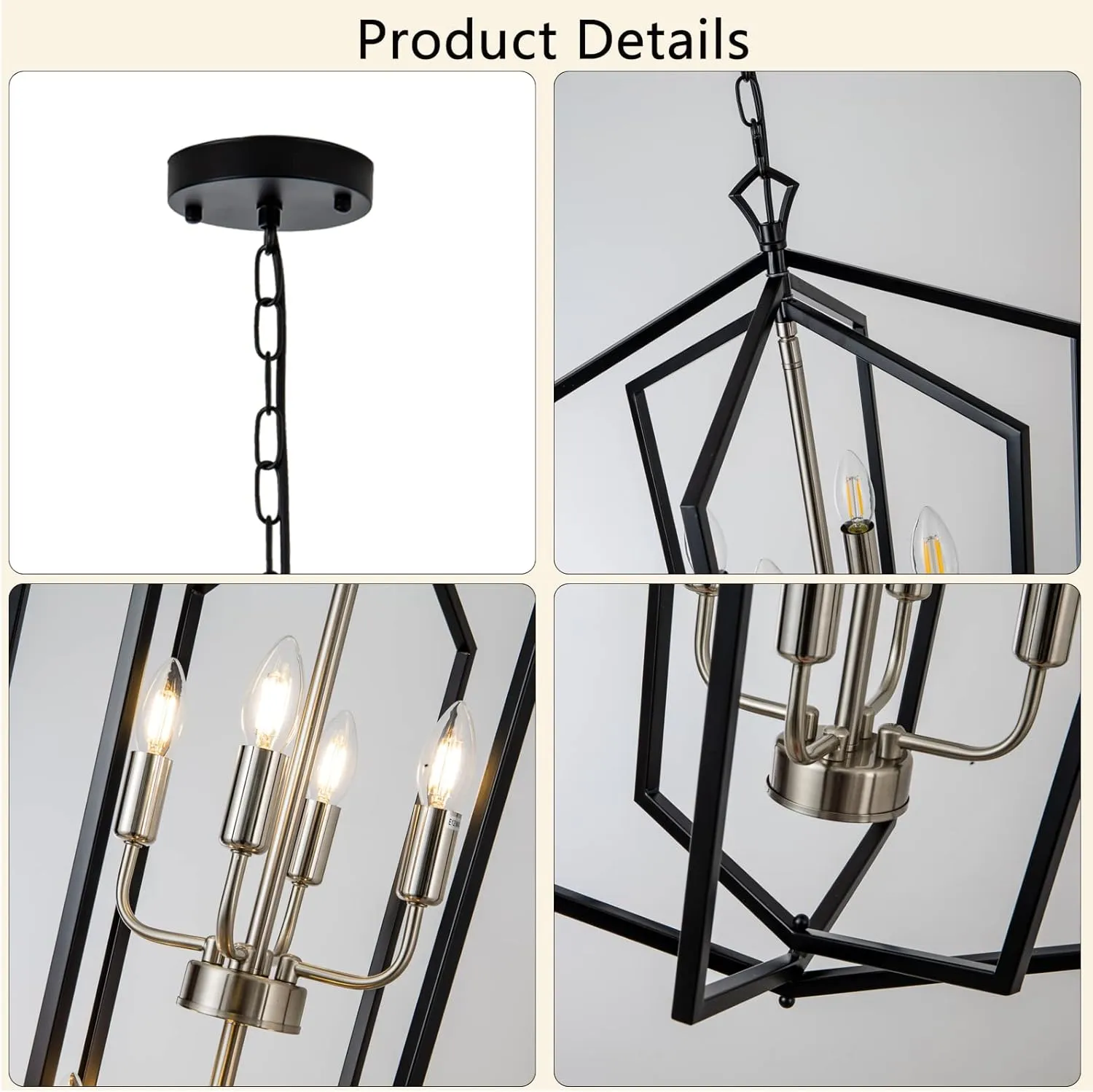 8-Light Lantern Tired Farmhouse Ceiling Hanging Light Black Chandelier Metal Modern Pendant Light Fixtures for Kitchen Island Dining Room Living Room Foyer Entryway-Brushed Nickel