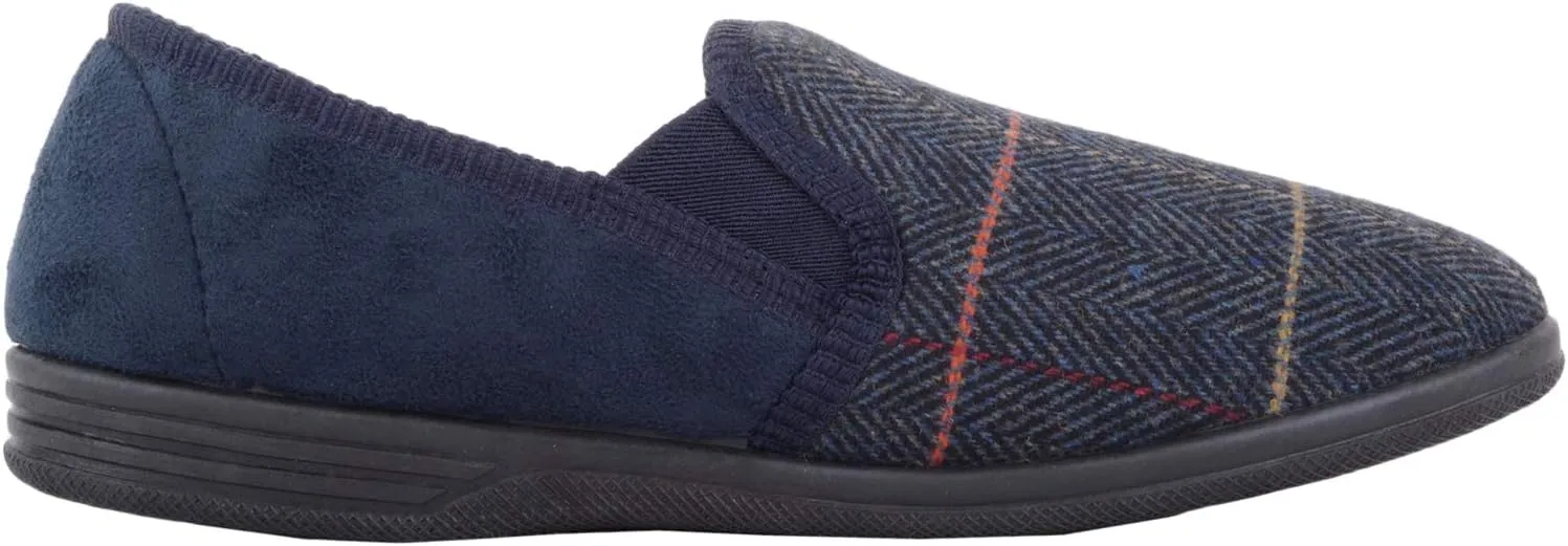 ABSOLUTE FOOTWEAR Mens Slip On Traditional Tartan Tweed Style Slippers/Indoor Shoes Twin Gusset