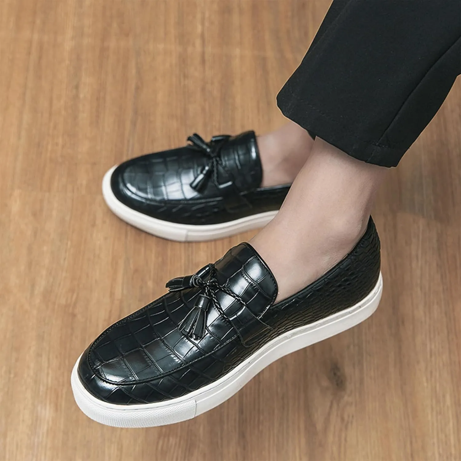 Aceptolcom Men's Crocodile Pattern Leather Shoes Tassel Loafers,Fashion Causal Business Luxury Non-Slip Slip On Dress Shoes Penny Loafers