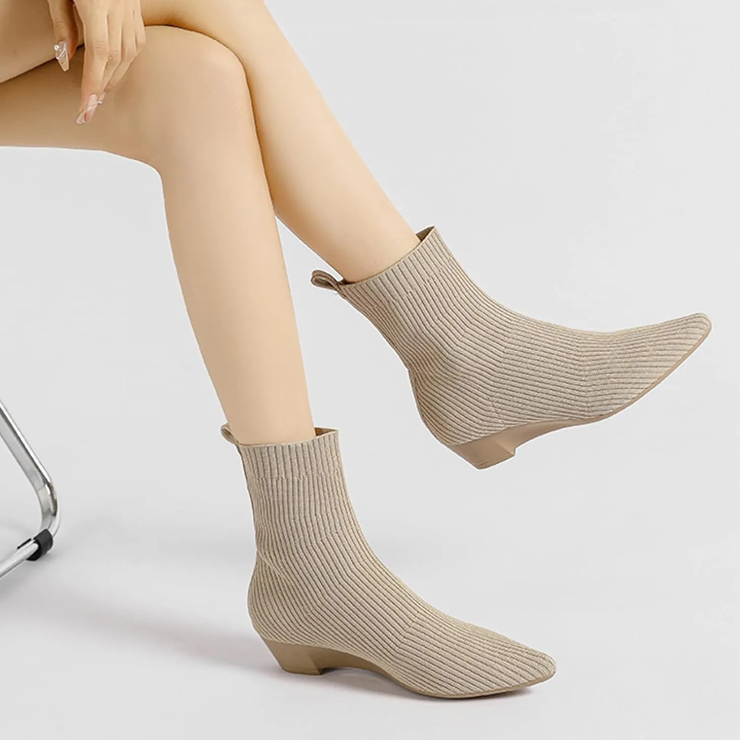 Aceptolcom Women's Stretch Knitted Booties, Stylish Pointed Toe Low Heel Wedge Boots, Slip On Short Boots, Sock Ankle Booties