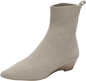 Aceptolcom Women's Stretch Knitted Booties, Stylish Pointed Toe Low Heel Wedge Boots, Slip On Short Boots, Sock Ankle Booties