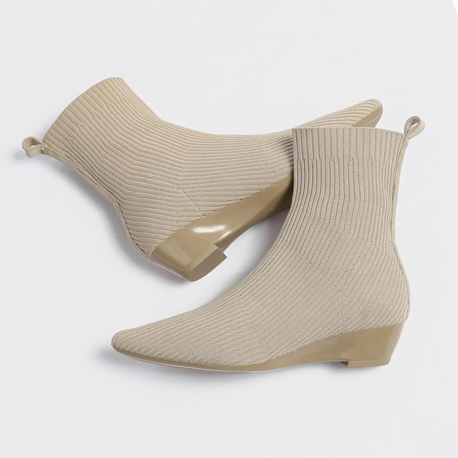 Aceptolcom Women's Stretch Knitted Booties, Stylish Pointed Toe Low Heel Wedge Boots, Slip On Short Boots, Sock Ankle Booties