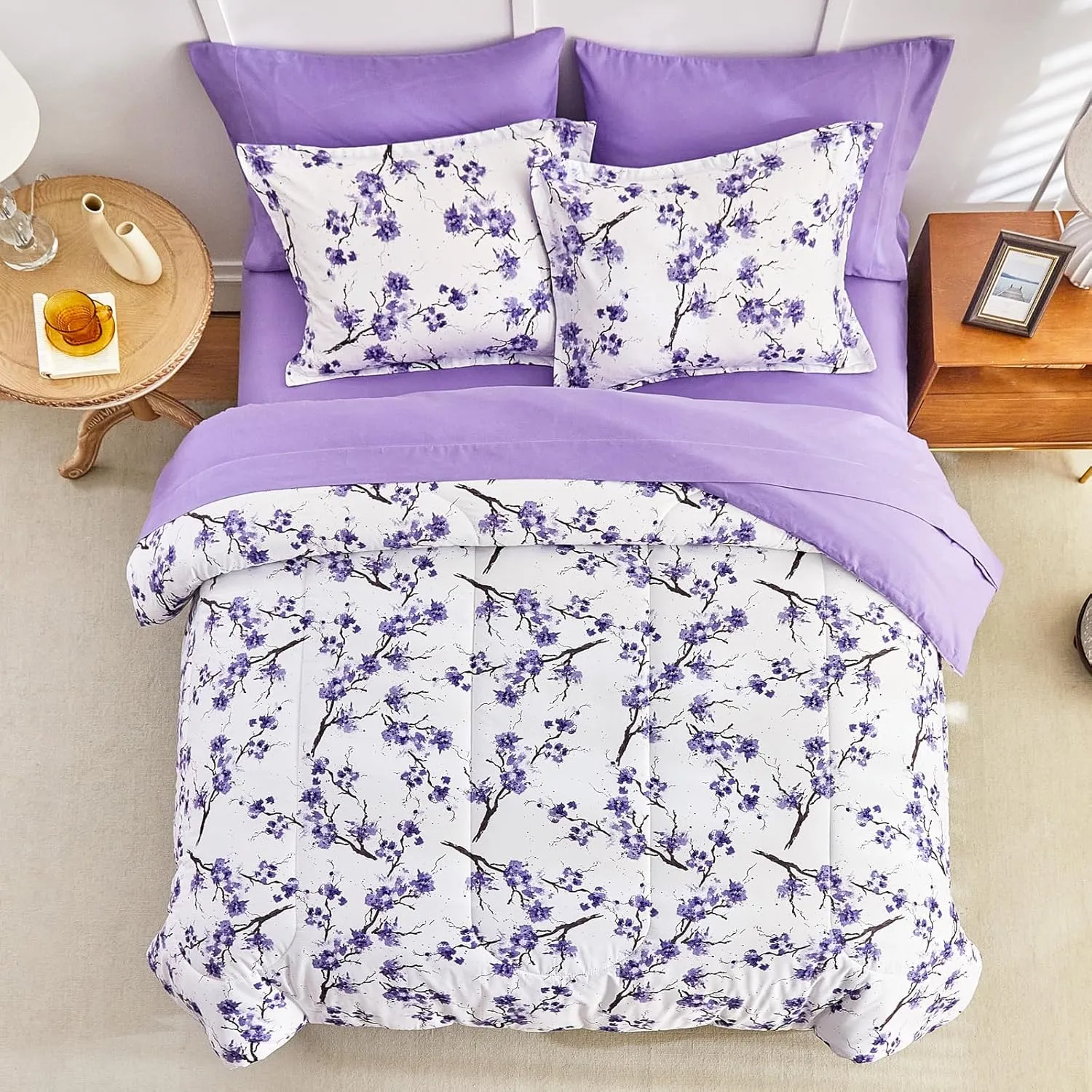 AIKASY Purple Twin Bed in a Bag 6-Piece Comforter Set with Sheets, Purple Floral Design, Ultra Soft Down Alternative All Season Bedding Set (Twin, Purple)