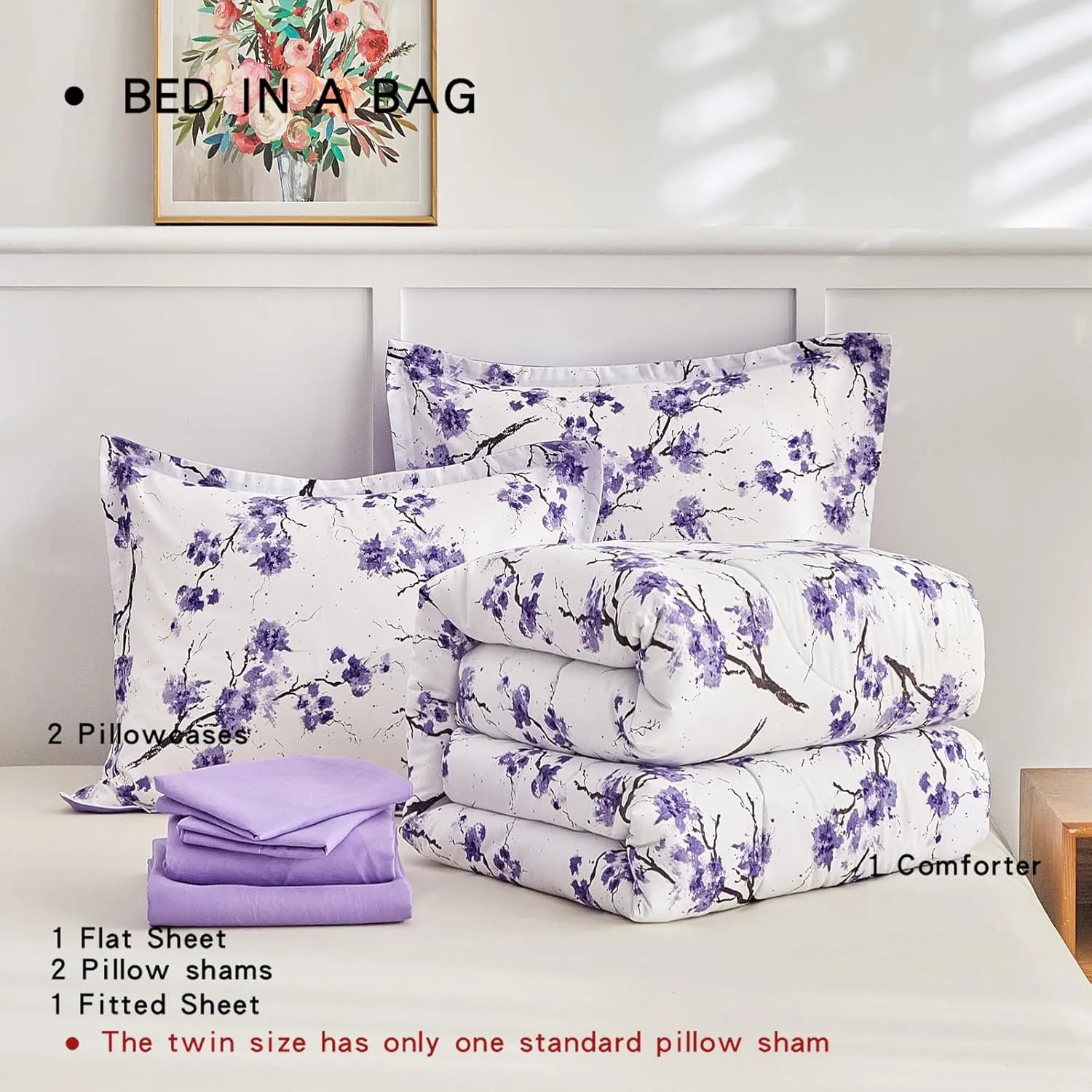 AIKASY Purple Twin Bed in a Bag 6-Piece Comforter Set with Sheets, Purple Floral Design, Ultra Soft Down Alternative All Season Bedding Set (Twin, Purple)
