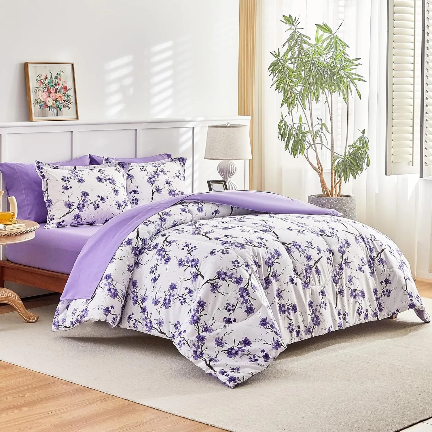 AIKASY Purple Twin Bed in a Bag 6-Piece Comforter Set with Sheets, Purple Floral Design, Ultra Soft Down Alternative All Season Bedding Set (Twin, Purple)