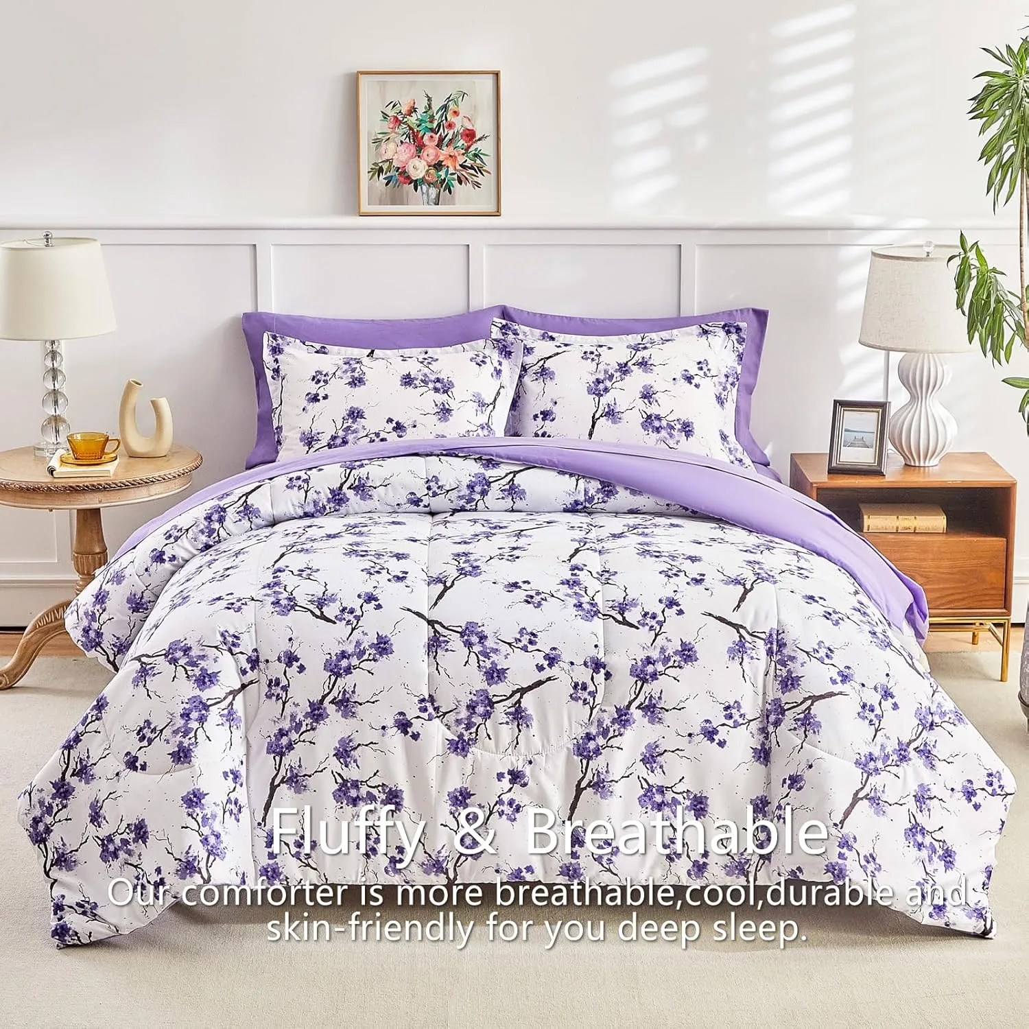 AIKASY Purple Twin Bed in a Bag 6-Piece Comforter Set with Sheets, Purple Floral Design, Ultra Soft Down Alternative All Season Bedding Set (Twin, Purple)