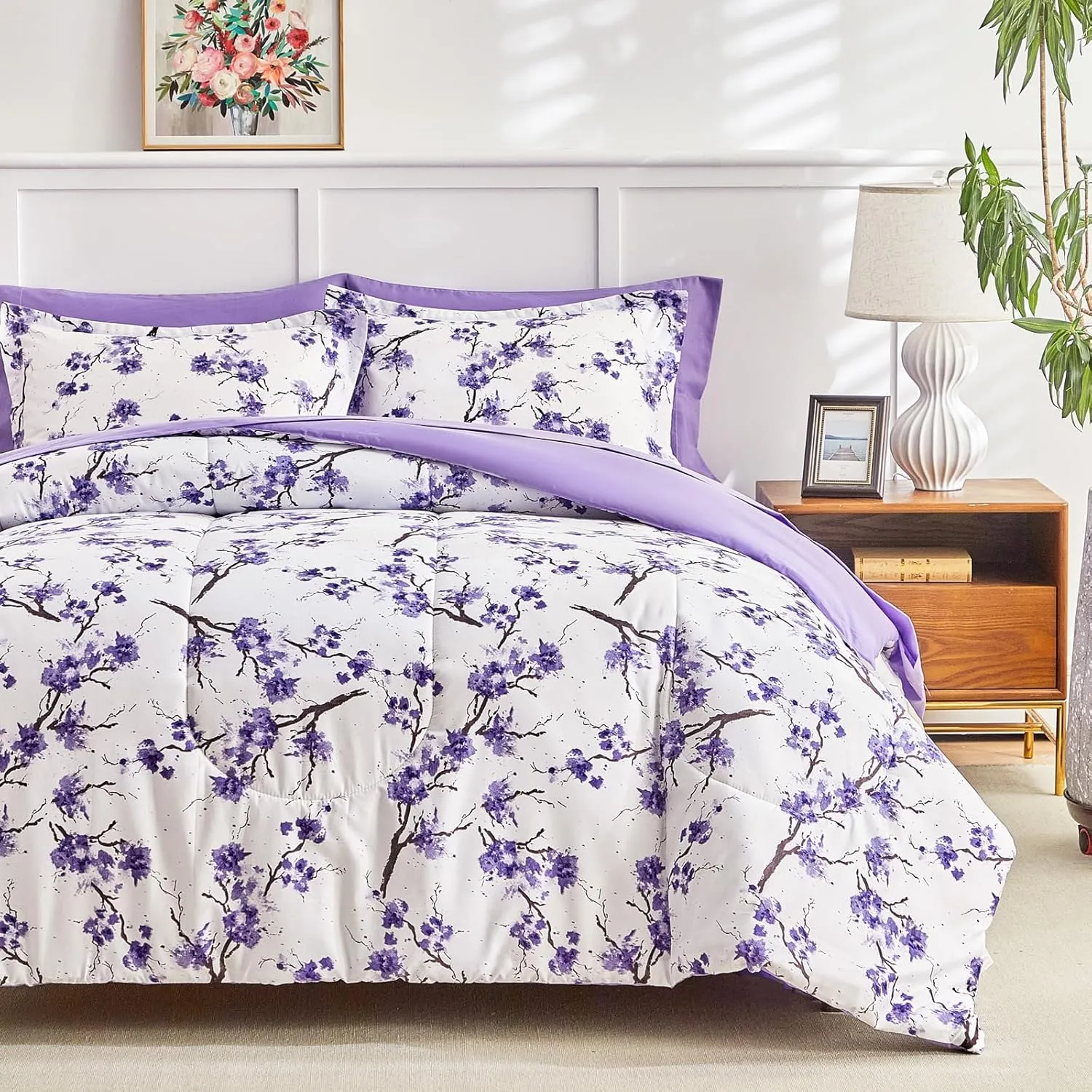 AIKASY Purple Twin Bed in a Bag 6-Piece Comforter Set with Sheets, Purple Floral Design, Ultra Soft Down Alternative All Season Bedding Set (Twin, Purple)