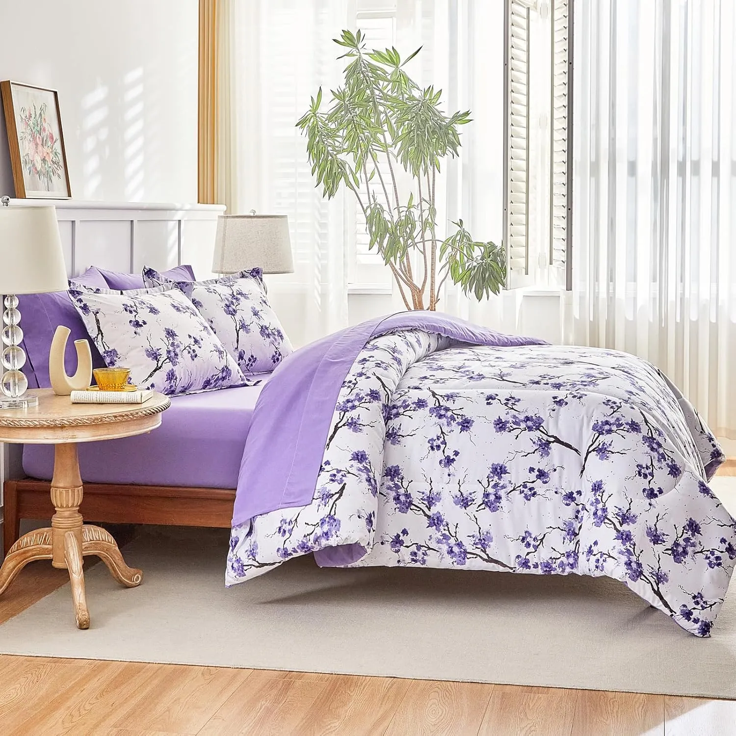 AIKASY Purple Twin Bed in a Bag 6-Piece Comforter Set with Sheets, Purple Floral Design, Ultra Soft Down Alternative All Season Bedding Set (Twin, Purple)