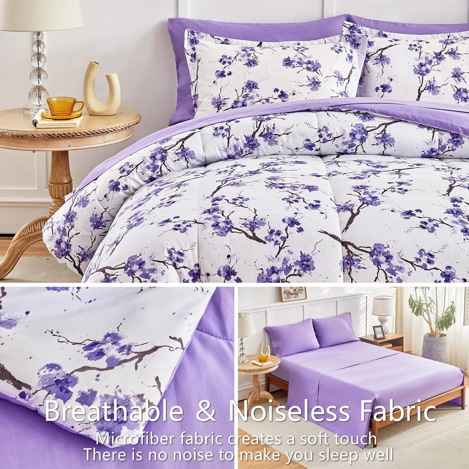 AIKASY Purple Twin Bed in a Bag 6-Piece Comforter Set with Sheets, Purple Floral Design, Ultra Soft Down Alternative All Season Bedding Set (Twin, Purple)