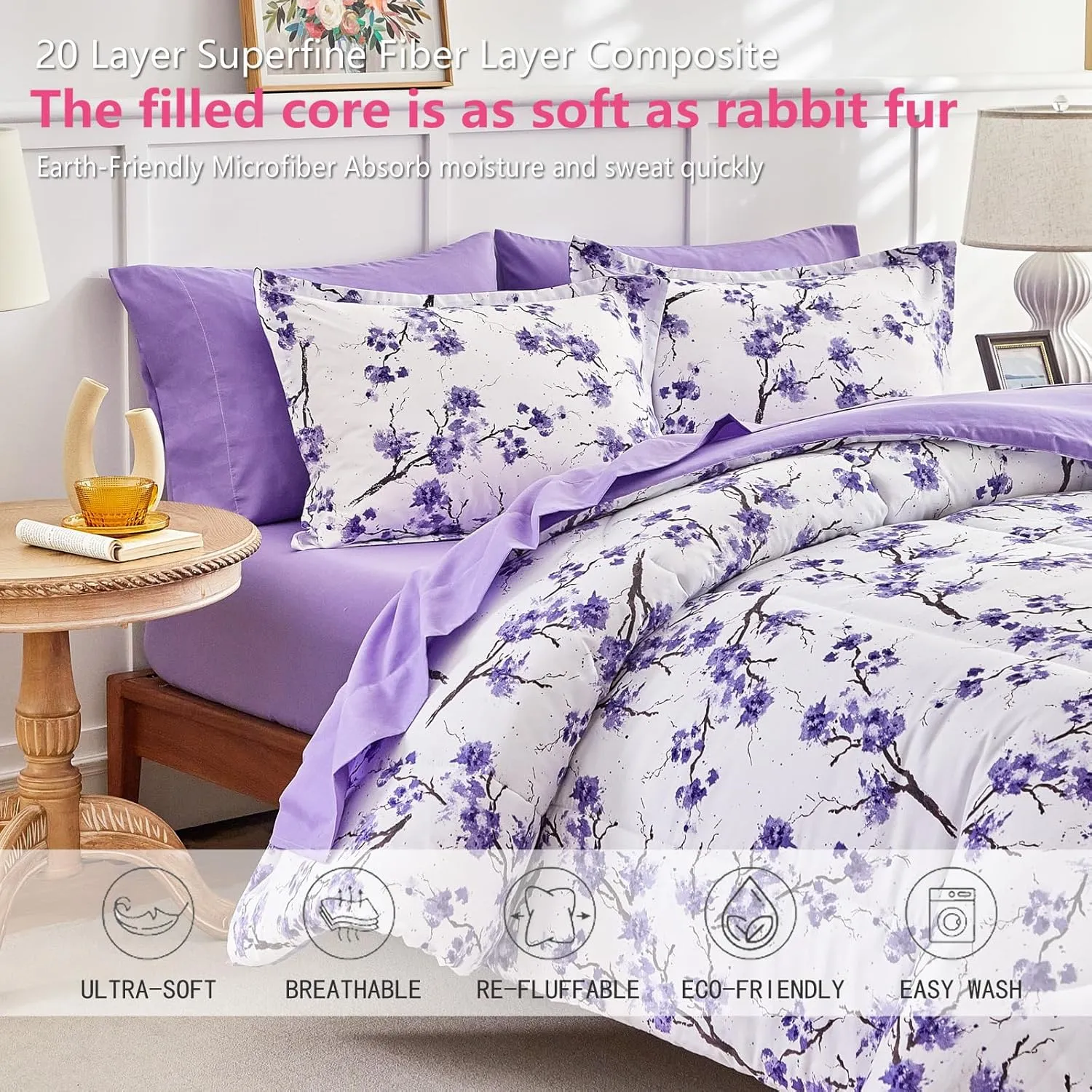 AIKASY Purple Twin Bed in a Bag 6-Piece Comforter Set with Sheets, Purple Floral Design, Ultra Soft Down Alternative All Season Bedding Set (Twin, Purple)