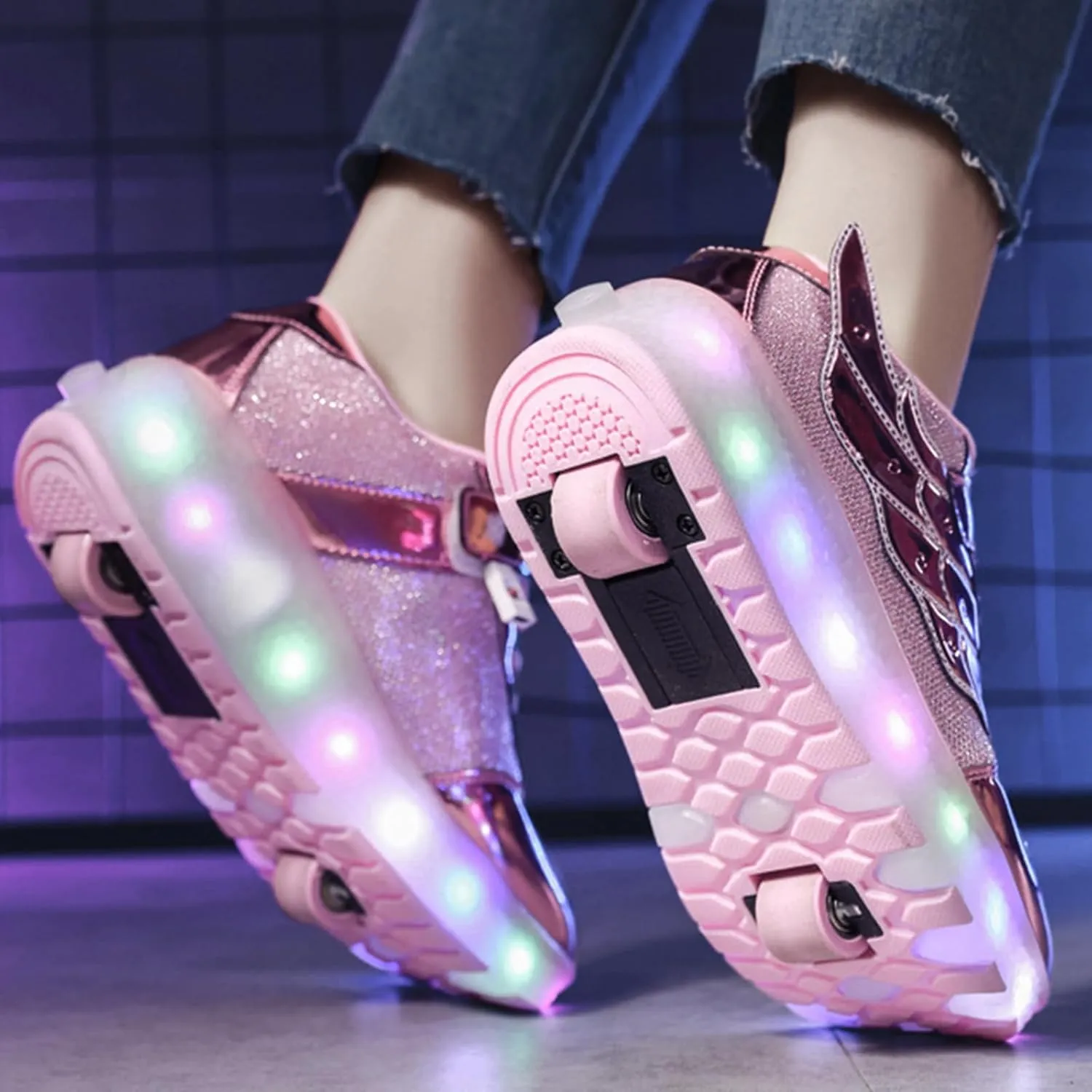 Aikuass USB Chargable LED Light Up Roller Shoes Wheeled Skate Sneaker Shoes for Boys Girls Kids