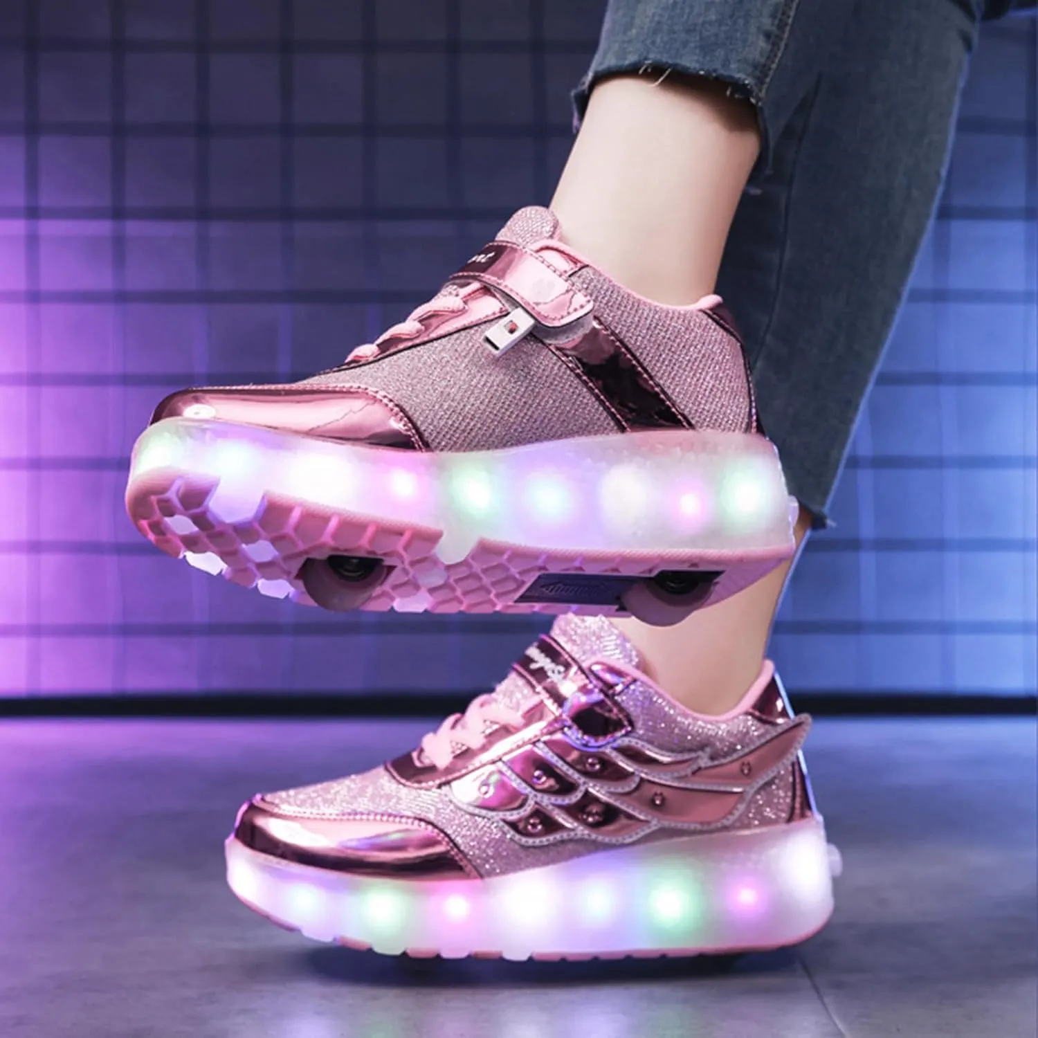 Aikuass USB Chargable LED Light Up Roller Shoes Wheeled Skate Sneaker Shoes for Boys Girls Kids