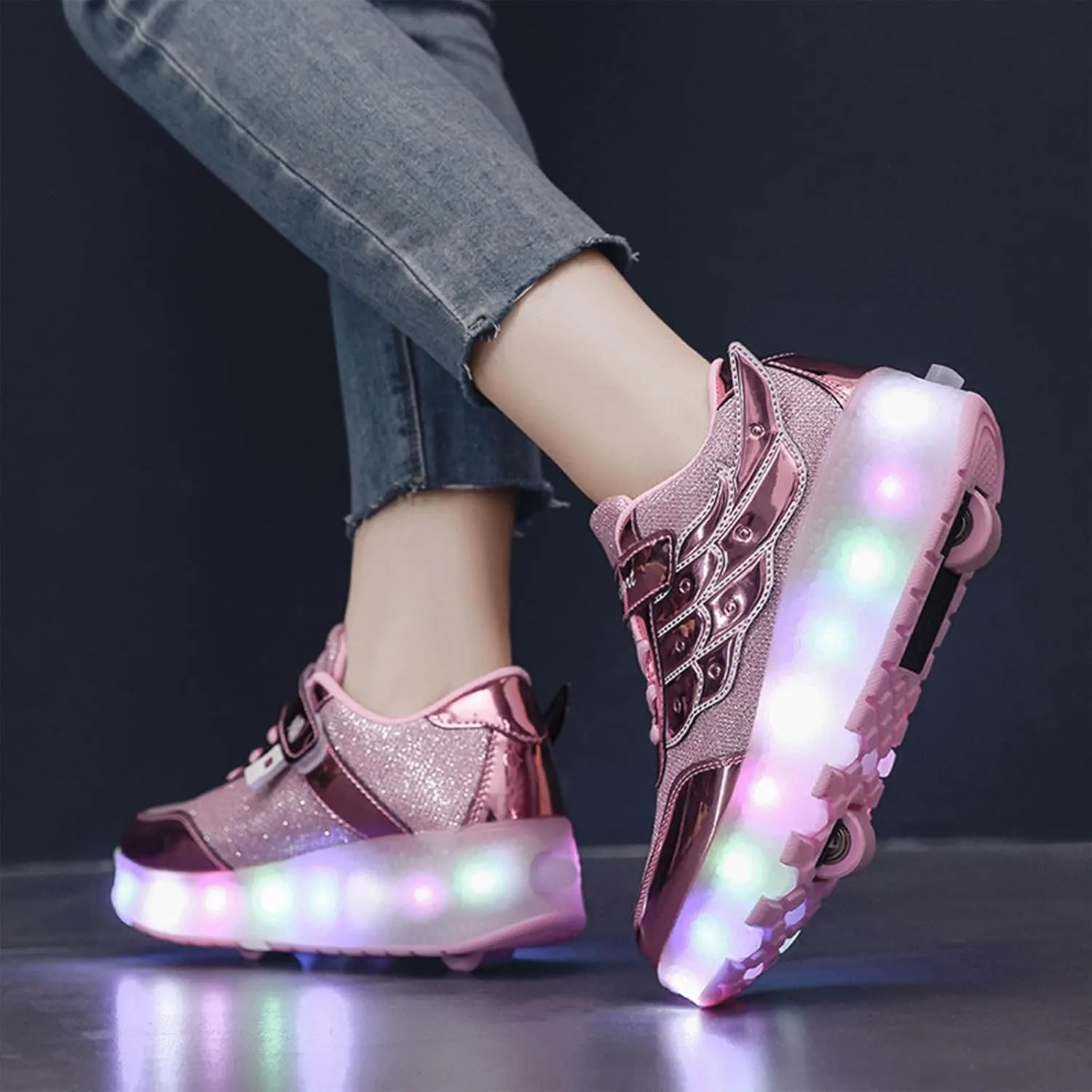 Aikuass USB Chargable LED Light Up Roller Shoes Wheeled Skate Sneaker Shoes for Boys Girls Kids