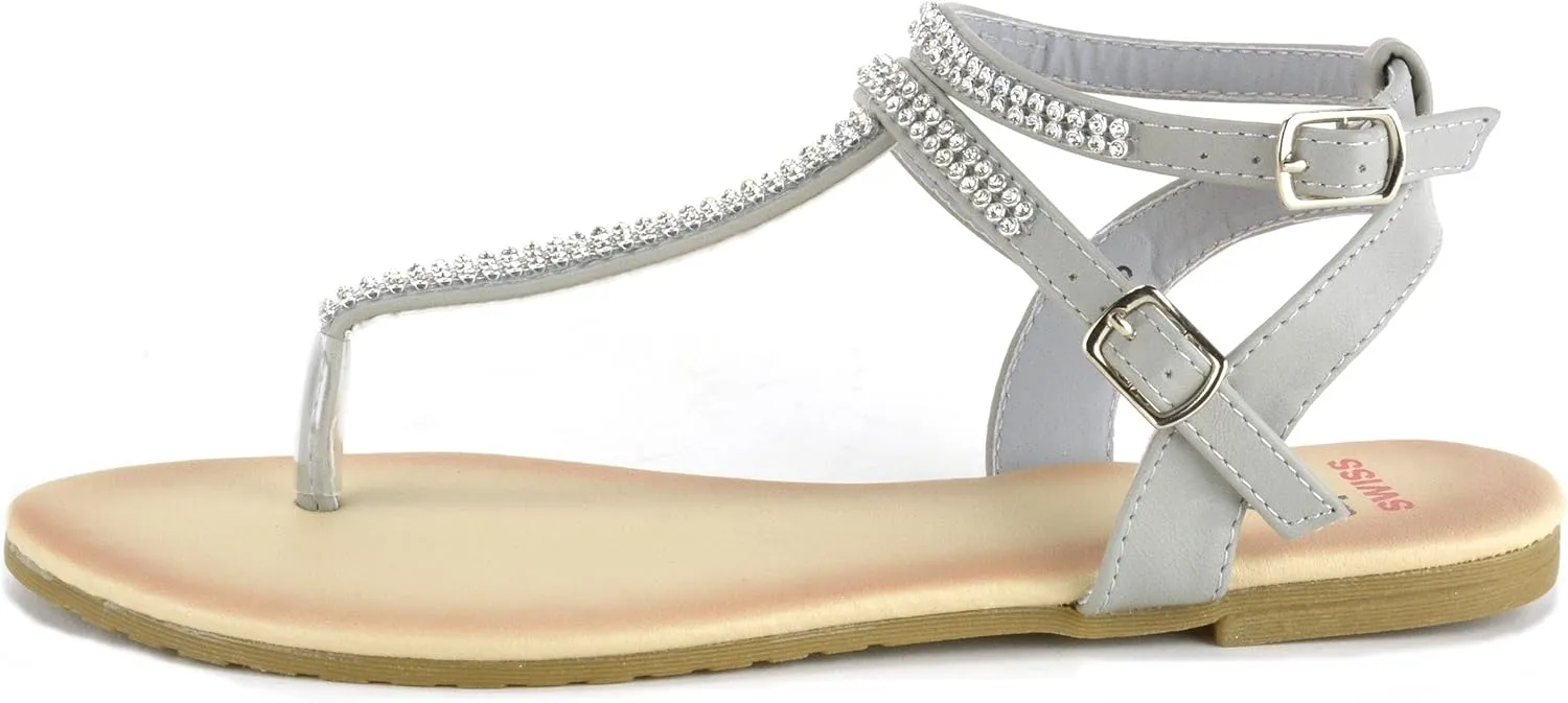 Alpine Swiss Womens Slingback T-Strap Rhinestone Ankle Strap Thong Sandals