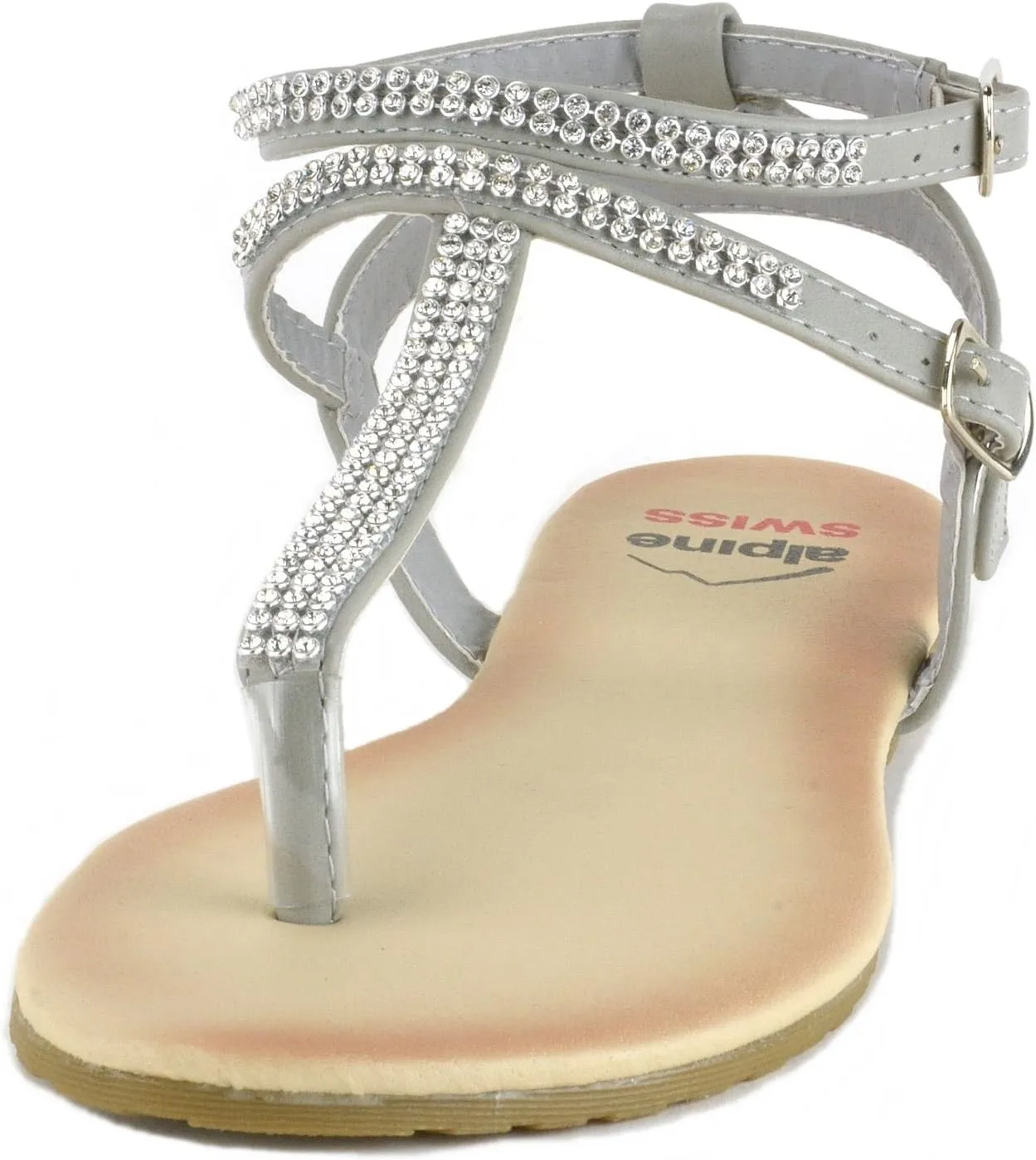 Alpine Swiss Womens Slingback T-Strap Rhinestone Ankle Strap Thong Sandals